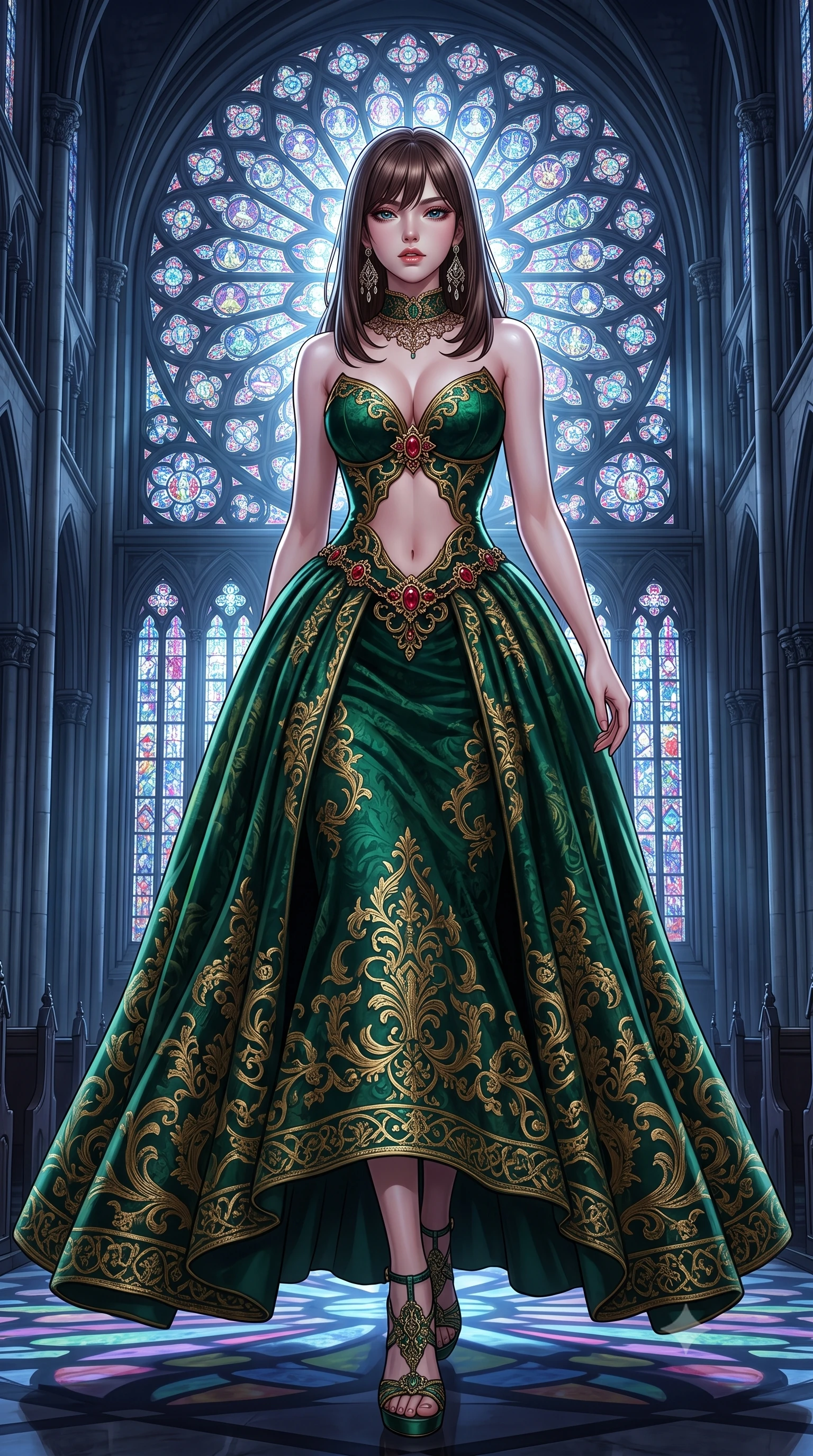 score_9, masterpiece, best quality, ultra-detailed, high-budget anime keyframe, semi-realistic 3D game render, editorial fashion photography, tasteful artistic composition, Korean woman. low angle full-body shot from head to toe showing her feet, filling the entire 9:16 vertical frame with her statuesque presence, stretching her vertical silhouette. striding forward in a proud, dynamic supermodel runway stride, hips swaying in an alluring kinetic rhythm that stretches her silhouette while arching her back in an alluring dance-like pause as moonlight pours through a colossal rose stained-glass window. The surrounding environment is rendered in vivid detail and crisp panoramic clarity. monumental high-contrast gothic chiaroscuro and sacred nocturnal architecture in sharp clarity. She has an absolutely perfect, statuesque 8.5-heads proportion, an exceptionally tall and slender model-like female figure with impossibly long slender legs, a toned flat midriff, and an ultra-slim waist. sharp v-shaped jawline, high-bridge nose, intricate jewel-like eyes with depth, thick eyelashes, glossy parted lips with a natural sheen, intensely captivating and seductive expression, flawlessly proportioned anatomical accuracy, strict slender model proportions, natural body alignment, perfectly sculpted long slender limbs, ultra-slim waistline, clean dynamic posture without body distortion. wearing a deep sweetheart neckline velvet ballgown with an exposed midriff cutout framed by ruby clasps in antique emerald velvet and gold filigree, made of rich textured jacquard silk with baroque gold thread, finished with a dramatic filigree Victorian choker and chandelier earrings, the precision-cut daring openings accentuating her delicate midriff, graceful bare collarbones, and ultra-slim feminine waistline. surrounded by an immortal, transcendent, and breathtakingly majestic gothic siren aura. highly saturated vibrant anime colors, detailed shading with soft gradients, rich glossy textures, high-contrast stereoscopic depth, volumetric dynamic lighting, master piece, 9:16 ratio