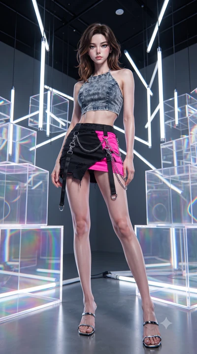 score_9, masterpiece, best quality, ultra-detailed, high-budget anime keyframe, editorial fashion photography, tasteful artistic composition, Korean woman. low angle full-body shot from head to toe showing her feet, filling the entire 9:16 vertical f
