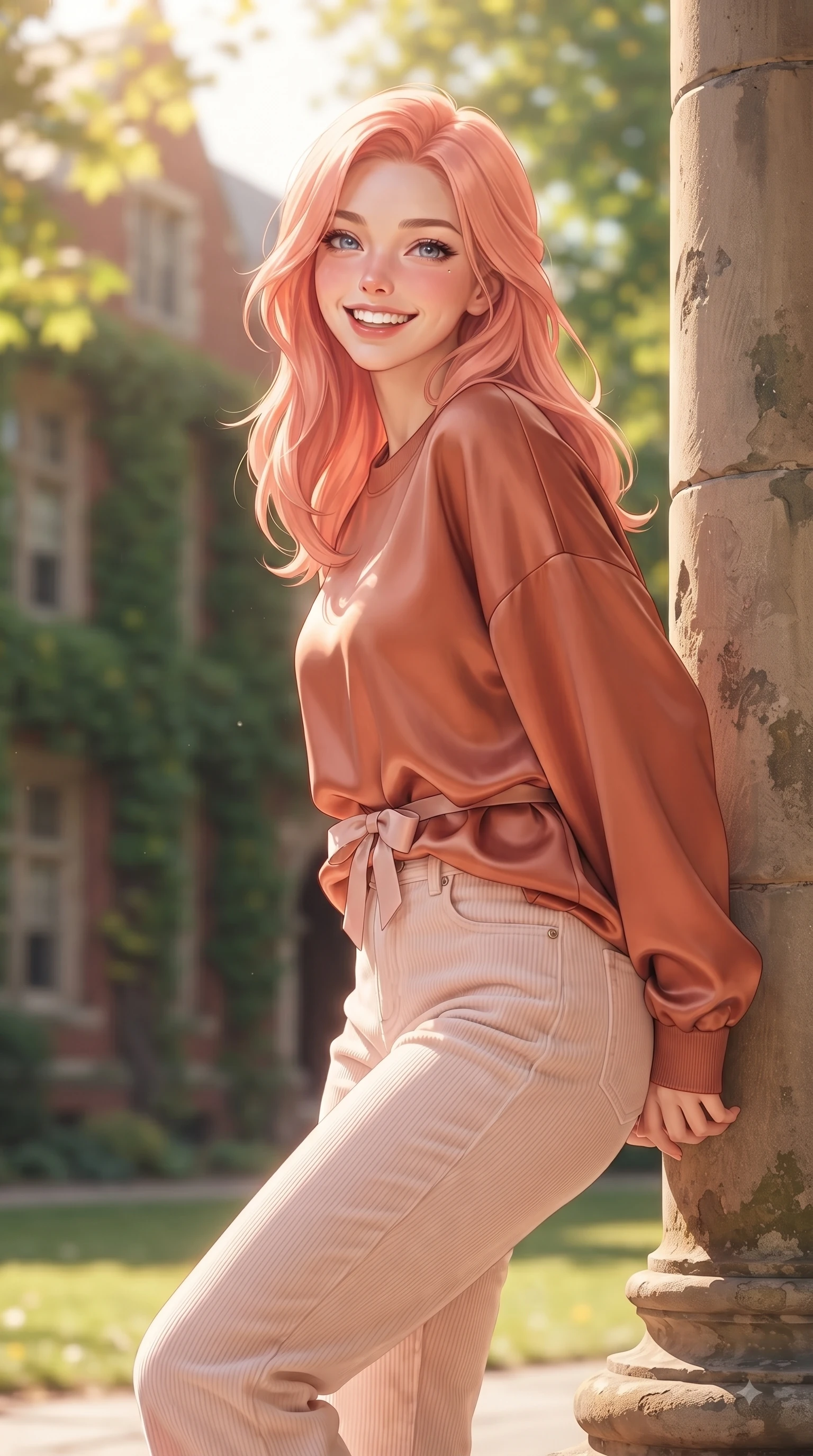 score_9, masterpiece, best quality, ultra-detailed, high-budget anime keyframe, editorial fashion photography, tasteful artistic composition, Japanese woman. close-up cowboy shot from the waist and thighs up, the character dominates the composition, filling the frame with her large presence. Youthful bright smile exuding pure cute charm and fresh energy, her torso turning dynamically into the lens while leaning against an antique stone column in a sun-drenched university quadrangle with a sweet grin. The composition keeps background elements in soft focus with dreamy bokeh. ivy-covered red-brick academic halls and sunlit maple canopies blurring into soft green and gold bokeh. She has an exceptionally elegant, slender, and willowy female figure with an ultra-slim waist, a gracefully sculpted slender torso, and a refined silhouette. sharp v-shaped jawline, high-bridge nose, intricate jewel-like eyes with depth, thick eyelashes, glossy lips with a natural sheen, flawlessly proportioned anatomical accuracy, natural body alignment, perfectly sculpted elegant limbs, clean dynamic posture without body distortion. wearing an oversized terracotta knit jumper over soft cream corduroy pants in cherry blossom pink and soft beige, crafted from smooth fluid silk satin, accented with a dainty waist ribbon bow, the tailored casual silhouette highlighting her fresh and youthful presence. surrounded by an uplifting, fresh, and youthful academic atmosphere. ultra-reflective glossy finish, specular highlights, metallic sheen, high-contrast stereoscopic depth, volumetric dynamic lighting, 2k, ultra detail, master piece, 9:16 ratio