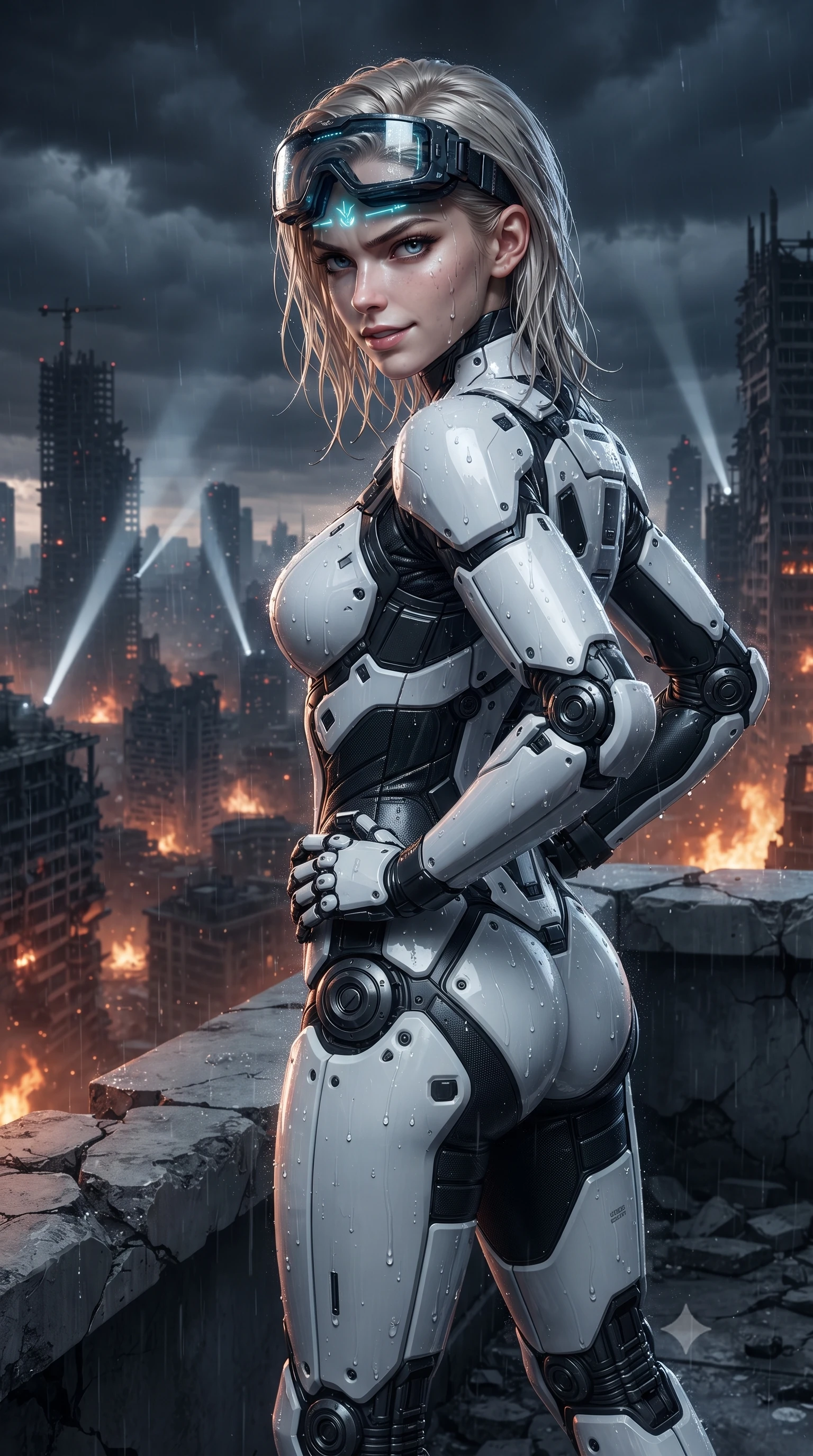 score_9, masterpiece, best quality, ultra-detailed, high-budget anime keyframe, editorial fashion photography, tasteful artistic composition, Caucasian woman. close-up cowboy shot from the waist and thighs up, the character dominates the composition, filling the frame with her large presence. resting one armored hand on her hip while glancing over her shoulder with thick eyelashes and an indomitable, smoldering combat gaze while standing poised on the cracked edge of a shattered skyscraper balcony overlooking a burning dystopian megacity under dark storm clouds. The surrounding environment is rendered in vivid detail and crisp panoramic clarity. detailed skyscraper skeleton lattices, distant war-drone searchlights, and rain droplet beads in high clarity. She has an exceptionally elegant, slender, and willowy female figure with an ultra-slim waist, a gracefully sculpted slender torso, toned flat midriff, and a refined slim silhouette. sharp v-shaped jawline, high-bridge nose, intricate jewel-like eyes with depth, thick eyelashes, glossy lips with a natural sheen, fierce and resolute heroine expression, flawlessly proportioned anatomical accuracy, strict slender model proportions, natural body alignment, perfectly sculpted long slender limbs, ultra-slim waistline, clean dynamic posture without body distortion. wearing high-tech holographic tactical goggles resting tipped up on her forehead, casting glowing neon runes across her brow without obscuring her features, paired with an ultra-sleek high-gloss carbon-composite exoskeleton suit featuring kinetic shock-absorbing shin guards and flexible limb articulation joints in monochrome white enamel carbon with high-contrast black tactical panels, formed from high-gloss patent carbon-plating with specular dystopian chiaroscuro reflections, finished with high-mobility flexible armor articulation seams and miniature magnetic locks, the sleek second-skin cut tightly hugging her graceful clavicle, narrow waist, and feminine curves with athletic precision. surrounded by a majestic, solemn, and fiercely determined lone dystopian savior aura. ultra-reflective glossy finish, specular highlights, dark metallic sheen, high-contrast stereoscopic depth, volumetric dynamic lighting, 2k, ultra detail, master piece, 9:16 ratio