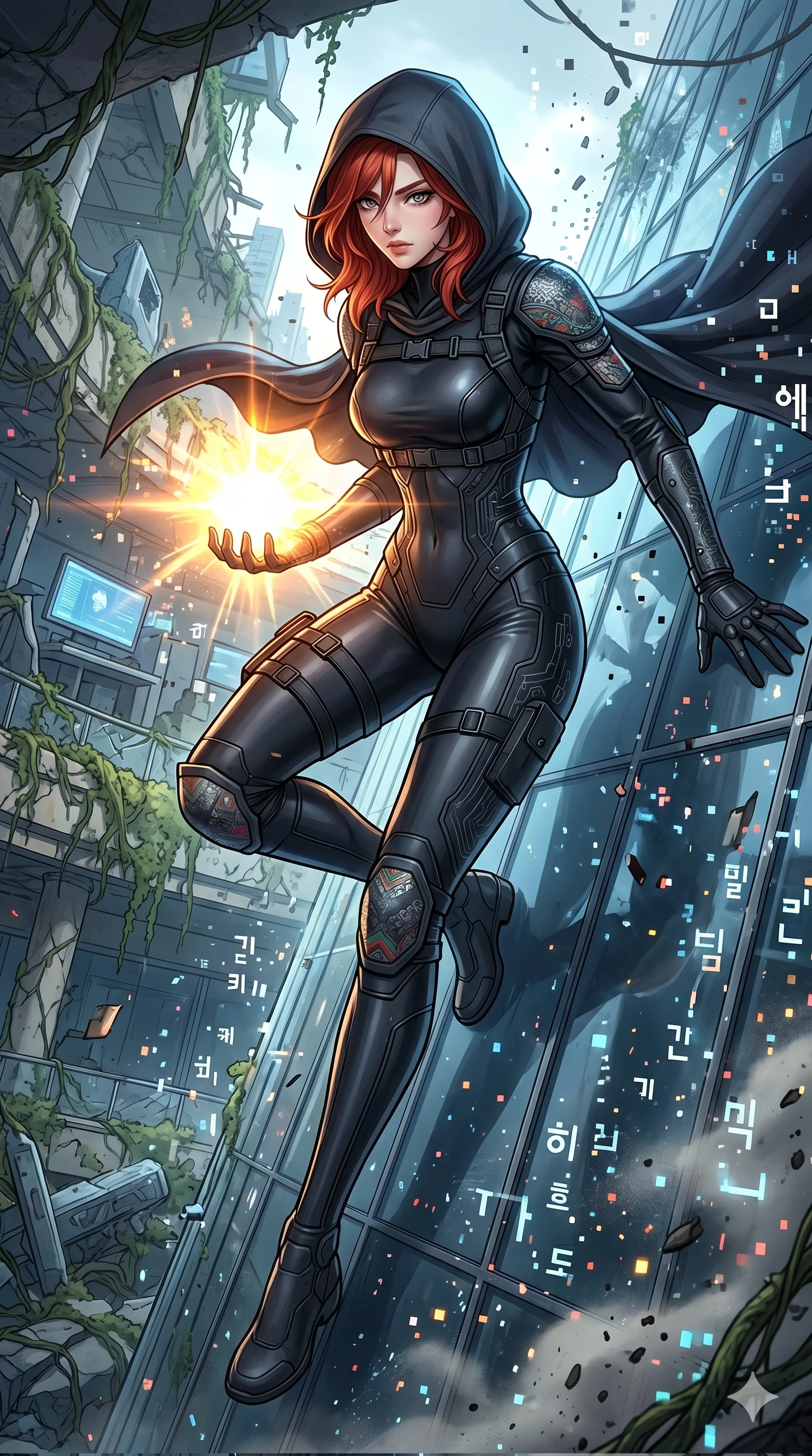 score_9, masterpiece, best quality, ultra-detailed, Set A: High-budget Anime Keyframe, Korean woman. Low angle cowboy shot filling the entire 9:16 frame with her statuesque presence. Theme: Historical Remix. sliding down a glass skyscraper in a ruined overgrown shopping mall, holding a glowing core that hums with the power of 232 suns. The atmosphere is filled with a blizzard of digital pixels. She has an absolutely perfect 8-heads proportion, an exceptionally tall and slender female figure with impossibly long slender legs and an ultra-slim waist. Sharp v-shaped jawline, high-bridge nose, intricate jewel-like eyes with depth, glossy lips. Wearing Tech-assassin gear with a hooded cloak and a form-fitting matte black latex suit. Cinematic lighting, vivid colors, dramatic shadows, 2k, ultra detail, master piece, 9:16 ratio