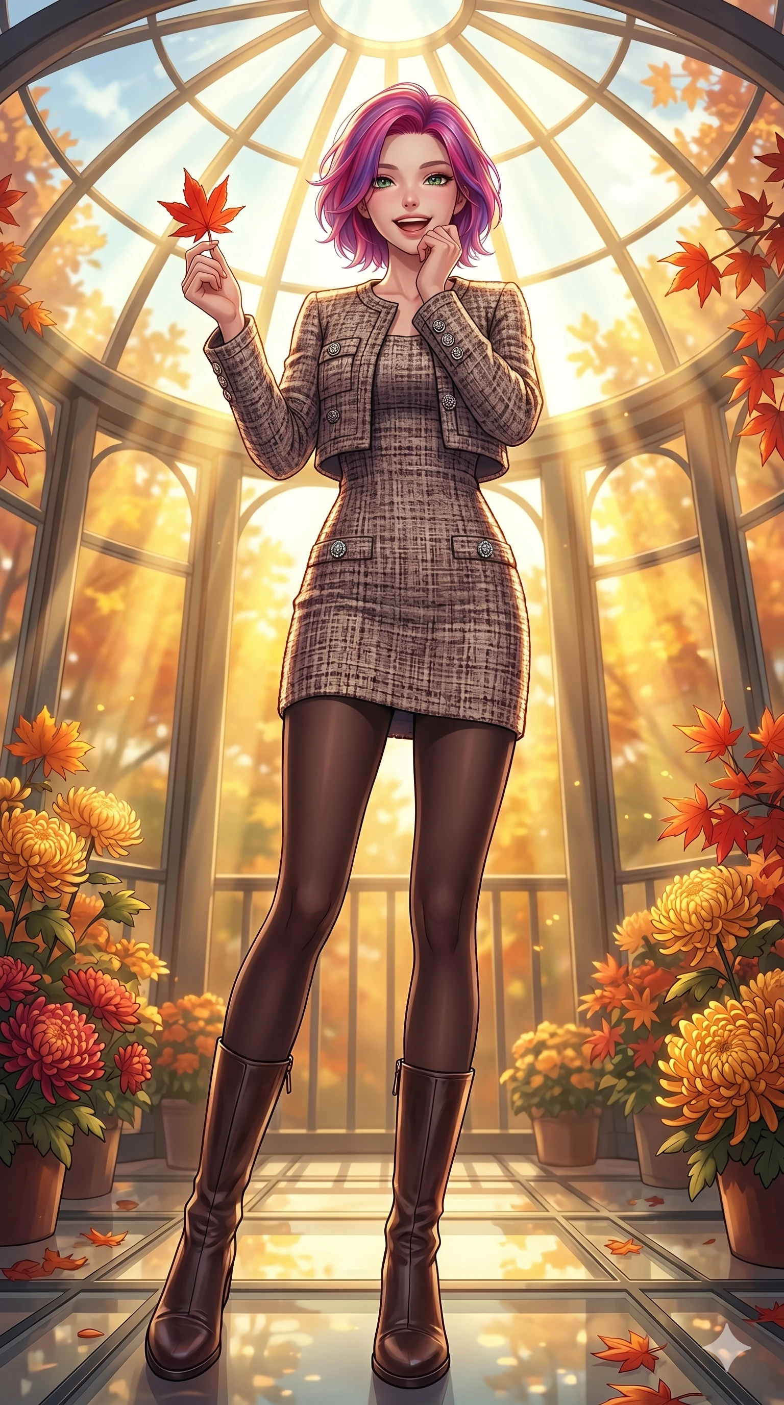 score_9, masterpiece, best quality, ultra-detailed, high-budget anime keyframe, vibrant anime aesthetic, Caucasian woman, strictly human ears. low angle full-body shot from head to toe showing her feet, filling the entire 9:16 vertical frame with her statuesque presence, stretching her vertical silhouette. She is holding a red maple leaf with a bright laugh, casting a warm-eyed gaze at the camera on a sunlit glass terrace decorated with autumn chrysanthemums and maple leaves (Code-P21-007). She has an absolutely perfect 8-heads proportion, an exceptionally tall and slender female figure with impossibly long slender legs and an ultra-slim waist. V-shaped jawline, high-bridge nose, intricate jewel-like eyes with depth, thick eyelashes, glossy lips with a natural sheen. wearing a chic tweed dress with a cropped jacket and leather boots in winter. She is illuminated by dramatic, volumetric sunlight streaming through a glass atrium dome. 2k, ultra detail, master piece, 9:16 ratio