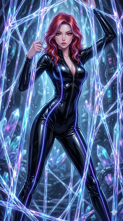 score_9, masterpiece, best quality, ultra-detailed, High-budget Anime Keyframe, East Asian woman. Dynamic full-body shot stretching the vertical silhouette to the limit. Scenario 142: Trapped in a cage of glowing crystalline fibers, body pressing aga