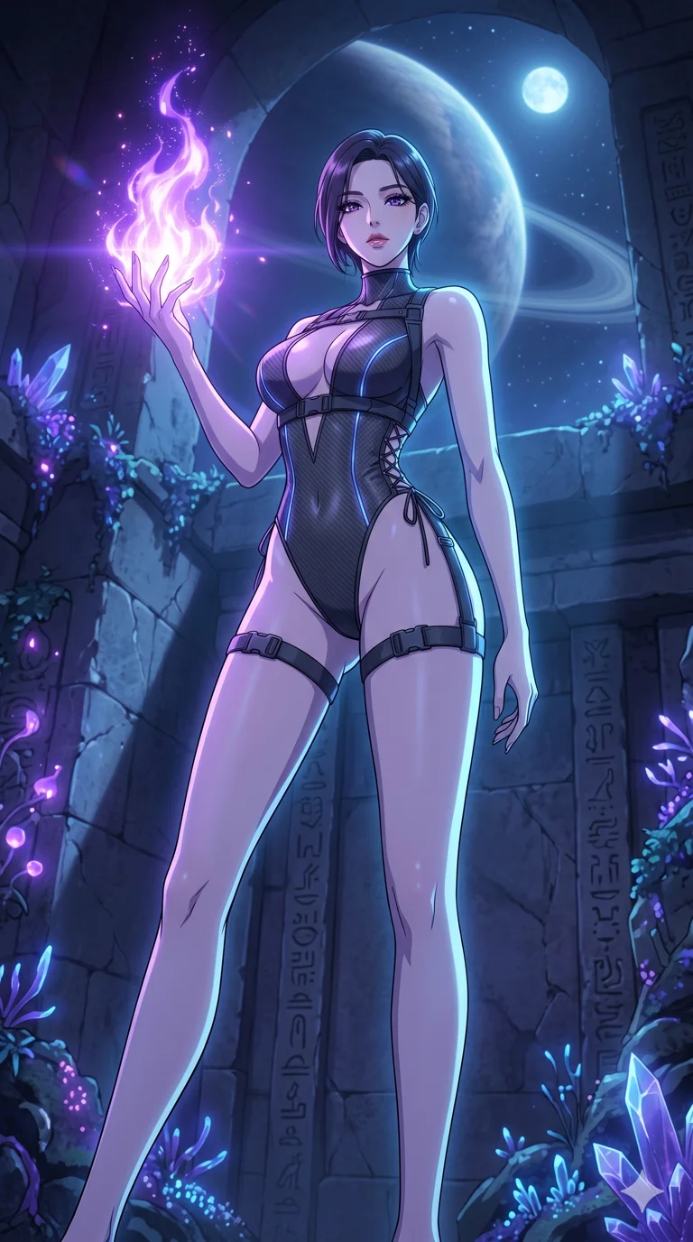 score_9, masterpiece, best quality, ultra-detailed, High-budget Anime Keyframe, vibrant colors, fluid line-art, expressive lighting, cinematic composition, Ufotable-style visual effects, top-tier animation quality, Korean woman with idol-like refined features. Low angle cowboy shot filling the entire 9:16 frame with her statuesque presence, looking up to emphasize her height. Igniting a mystical flame that burns with a brilliant violet light, casting long and dramatic shadows on the temple walls. She has an absolutely perfect 8-heads proportion, an exceptionally tall and slender female figure with impossibly long slender legs and an ultra-slim waist, her statuesque height and towering silhouette dominating the vertical 9:16 frame. Her face is a masterpiece featuring a sharp v-shaped jawline, high-bridge nose, intricate jewel-like eyes with depth, thick eyelashes, and glossy lips with a natural sheen. She is wearing a Micro-bodysuit with a complex integrated harness system and high-cut leg lines crafted from Carbon-fiber weave with a high-tech matte finish and integrated glowing filaments, featuring a deep plunging neckline and delicate lace-up side details. The scene is set in a mysterious alien planet with bioluminescent purple flora and a giant ringed planet in the sky, illuminated by cinematic lighting with dramatic rim light that highlights her slender silhouette. 2k, ultra detail, master piece, 9:16 ratio
