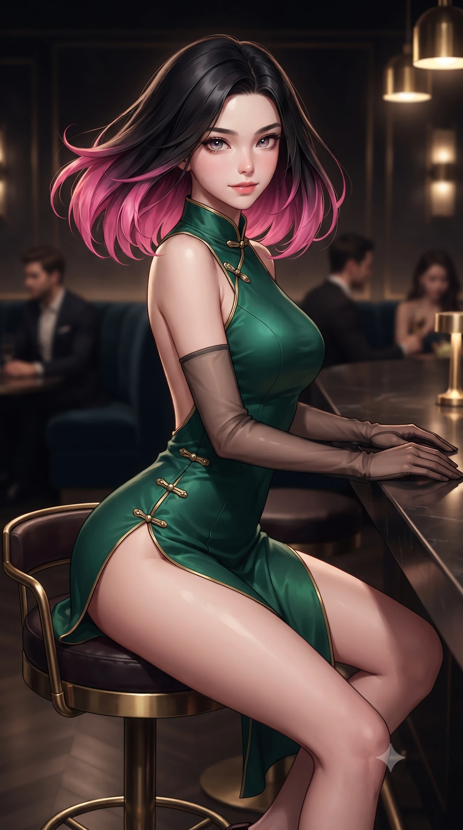 score_9, masterpiece, best quality, ultra-detailed, high-budget anime keyframe, editorial fashion photography, tasteful artistic composition, Korean woman. close-up cowboy shot from the waist and thighs up, the character dominates the composition, filling the frame with her large presence. turning slowly with an enchanting smoldering smile, her glossy hair tossing in the breeze as her hips angle gracefully in a captivating contrapposto while turning slowly on the barstool with a teasing half-smile, running one hand lightly along the counter with effortless magnetic allure. The background shows a soft-focus dark velvet lounge booths softened in ultra-exclusive Tokyo private club shallow focus. She has an exceptionally elegant, slender, and willowy female figure with an ultra-slim waist, flat toned midriff, narrow ribcage, and sculpted feminine hips creating an alluring, slim hourglass silhouette without bulk. sharp v-shaped jawline, high-bridge nose, intricate jewel-like sparkling eyes with depth, thick eyelashes, glossy parted lips with a natural peach sheen, bright cheerful beaming smile with an enchanting and coquettish sensual glint, exuding both youthful cute charm and seductive allure, flawlessly proportioned anatomical accuracy, strict slender model proportions, natural body alignment, perfectly sculpted long slender limbs, ultra-slim waistline, clean dynamic posture without body distortion. wearing a modern cheongsam-inspired form-fitting sleeveless mini dress with mandarin collar and dramatic hip-high side slits in Monte Carlo casino emerald green and polished brass, made of fluid liquid jersey with seamless sculpting hold and smooth contours, complemented by sheer opera-length evening gloves tracing her slender arms, the precision-cut side openings and low-back scoop framing her graceful spine and the sensual sweep of her slim, toned hips. illuminated by low-key ambient bar downlights and crisp honey-gold rim lights defining her jawline, flat midriff, and slender waist. ultra-reflective glossy finish, specular highlights, rich textural contrasts, high-contrast stereoscopic depth, volumetric dynamic lighting, 2k, ultra detail, master piece, 9:16 ratio