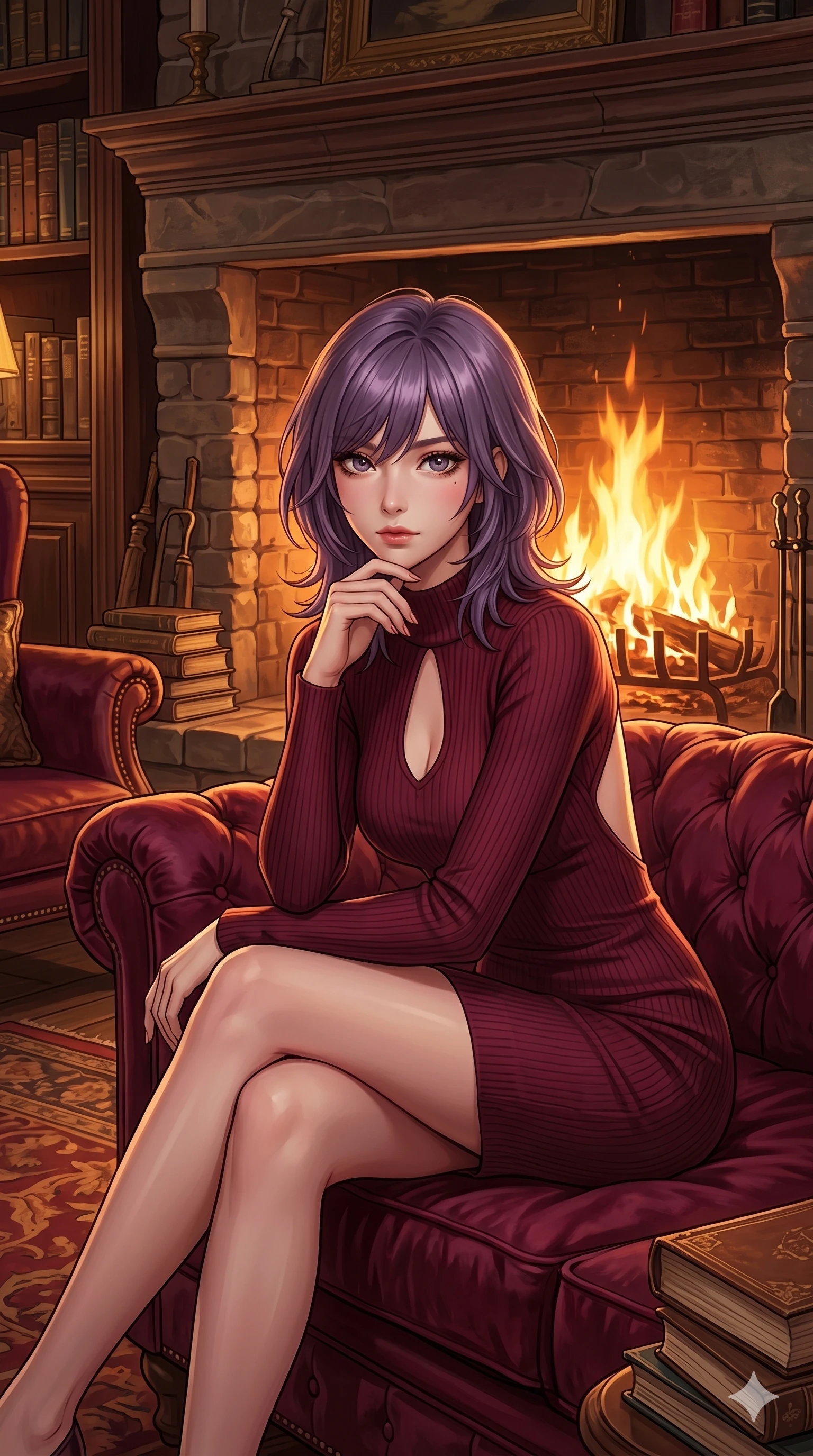 score_9, masterpiece, best quality, ultra-detailed, high-budget anime keyframe, editorial fashion photography, tasteful artistic composition, Japanese woman. cowboy shot from the thighs up, character and outfit filling the frame for maximum editorial presence. sitting on a velvet sofa, resting her chin on her fingers, looking directly into the lens inside a cozy library lounge with a roaring brick fireplace (Code-P16-060). She has an absolutely perfect 8-heads proportion, an exceptionally tall and slender female figure with impossibly long slender legs and an ultra-slim waist. V-shaped jawline, high-bridge nose, intricate jewel-like eyes with depth, thick eyelashes, glossy lips with a natural sheen. wearing a form-fitting burgundy knit dress with an elegant keyhole cutout and bare back. warm amber firelight casting dancing shadows and a soft golden glow over her features. 2k, ultra detail, master piece, 9:16 ratio