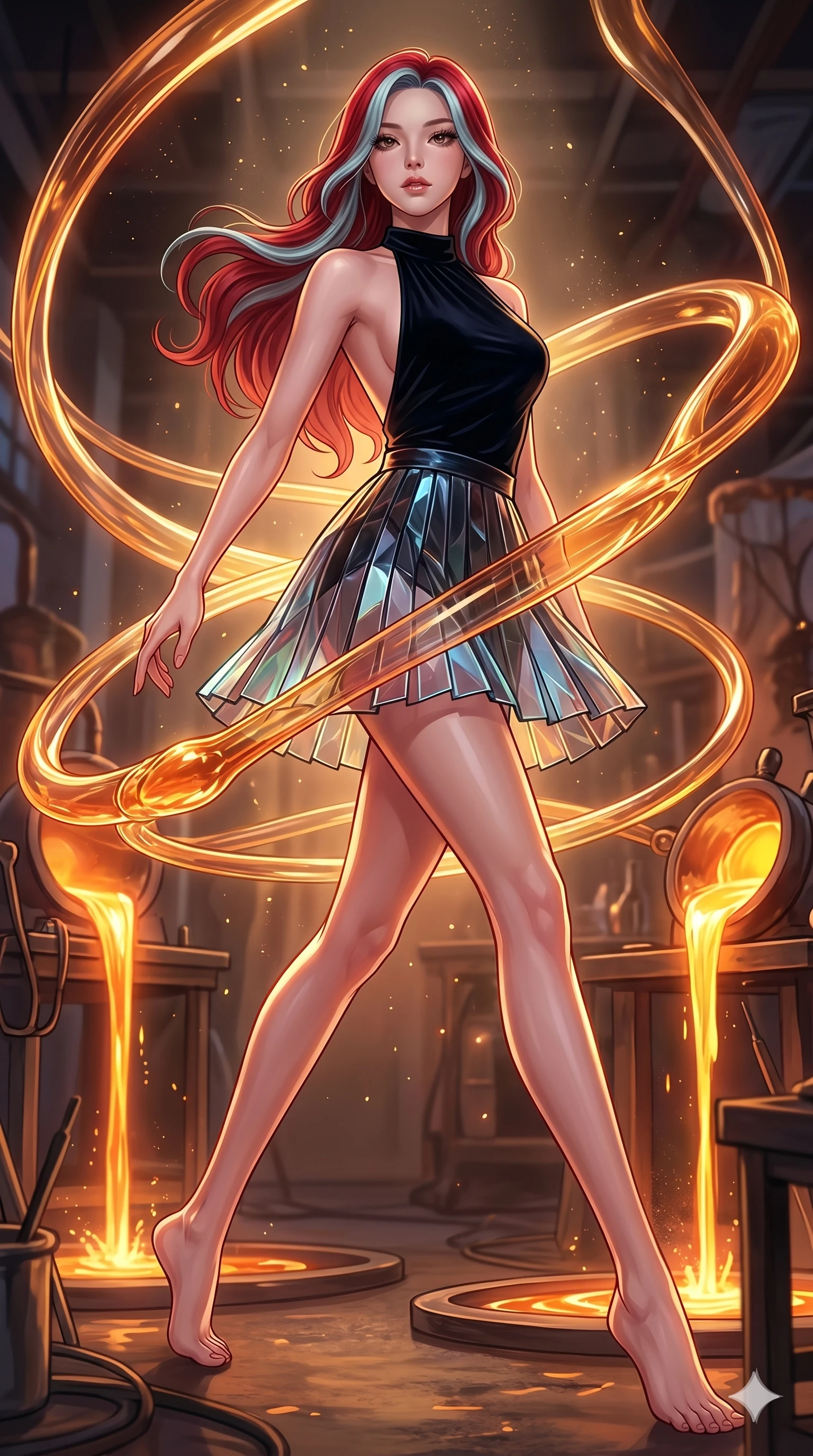 score_9, masterpiece, best quality, ultra-detailed, high-budget anime keyframe, Korean woman. low angle full-body shot filling the entire 9:16 frame with her statuesque presence, stretching the vertical silhouette. bounding through a molten glass art studio where twisting, glowing amber glass tubes rotate like fluid rivers in a heated environment. She has an absolutely perfect 8-heads proportion, an exceptionally tall and slender female figure with impossibly long slender legs and an ultra-slim waist. V-shaped jawline, high-bridge nose, intricate jewel-like eyes with depth, thick eyelashes, glossy lips with a natural sheen.. wearing a fractal glass pleated skirt and a backless black velvet halter neck top, creating a dramatic and elegant silhouette. illuminated by dramatic chiaroscuro casting soft shadows along her curves, with vibrant backlighting highlighting the dust particles. 2k, ultra detail, master piece, 9:16 ratio
