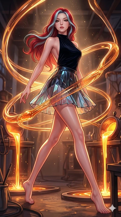 score_9, masterpiece, best quality, ultra-detailed, high-budget anime keyframe, Korean woman. low angle full-body shot filling the entire 9:16 frame with her statuesque presence, stretching the vertical silhouette. bounding through a molten glass art
