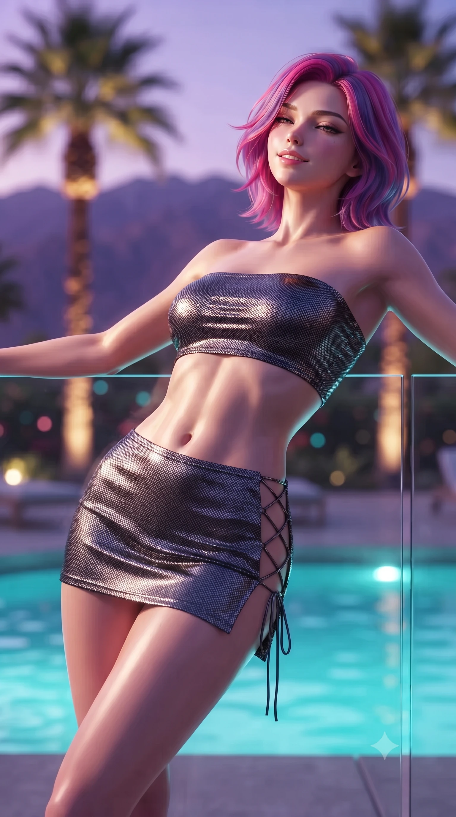 score_9, masterpiece, best quality, ultra-detailed, high-budget anime keyframe, editorial fashion photography, tasteful artistic composition, Caucasian woman. close-up cowboy shot from the waist and thighs up, the character dominates the composition, filling the frame with her large presence. leaning back against the balustrade with relaxed seductive grace, head tilted back slightly while casting a hypnotic, heavy-lidded gaze while leaning against the floor-to-ceiling glass wall with hips cocked back, looking through towering fan palms with heavy-lidded bedroom-eyes. The background shows a soft-focus illuminated twin fan palms against the purple San Jacinto mountain silhouettes, glowing turquoise pool waters, and desert stars blurred into coral, turquoise, and lavender bokeh. She has an exceptionally elegant, slender, and willowy female figure with an ultra-slim waist, flat toned midriff, narrow ribcage, and sculpted feminine hips creating an alluring, slim hourglass silhouette without bulk. sharp v-shaped jawline, high-bridge nose, intricate jewel-like sparkling eyes with depth, thick eyelashes, glossy parted lips with a natural peach sheen, bright cheerful beaming smile with an enchanting and coquettish sensual glint, exuding both youthful cute charm and seductive allure, flawlessly proportioned anatomical accuracy, strict slender model proportions, natural body alignment, perfectly sculpted long slender limbs, ultra-slim waistline, clean dynamic posture without body distortion. wearing an ultra-cropped fitted bandeau top paired with a micro mini tennis skirt revealing her flat midriff in Joshua Tree Mojave obsidian and starlight platinum, crafted from stretch micro-mesh with liquid foil coating that shimmers with every movement, featuring fine criss-cross lace-up side ties revealing tantalizing glimpses of her hip curve, the second-skin tailored fabric adhering flawlessly to her sculpted flat midriff and slender torso, emphasizing her long leg lines and perfectly proportioned willowy build. illuminated by pool surface specular bounce and sharp gold-and-cyan dual rim lights sculpting her jawline, narrow waist, and curvy hips. ultra-reflective glossy finish, specular highlights, rich textural contrasts, high-contrast stereoscopic depth, volumetric dynamic lighting, 2k, ultra detail, master piece, 9:16 ratio
