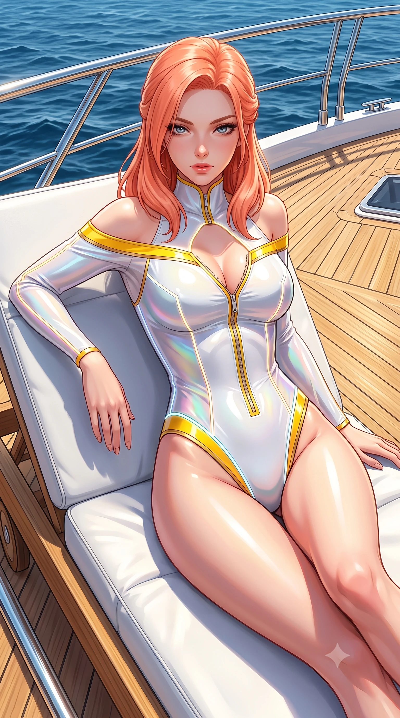 score_9, masterpiece, best quality, ultra-detailed, high-budget anime keyframe, semi-realistic 3D game render, editorial fashion photography, tasteful artistic composition, Japanese woman. close-up cowboy shot from the waist and thighs up, the character dominates the composition, filling the frame with her large presence. gazing directly into the lens with bedroom eyes and a breathtaking, dangerous allure that commands the entire composition while lounging seductively across a custom white leather sunbed on the teak deck of a luxury yacht under brilliant sun. The surrounding environment is rendered in vivid detail and crisp panoramic clarity. crisp golden teak deck wood grain, polished chrome yacht railings, and deep blue sea waves in deep focus. She has an exceptionally elegant, slender, and willowy female figure with an ultra-slim waist, a gracefully sculpted slender torso, toned flat midriff, and a refined slim silhouette. sharp v-shaped jawline, high-bridge nose, intricate jewel-like eyes with depth, thick eyelashes, glossy lips with a natural sheen, flawlessly proportioned anatomical accuracy, strict slender model proportions, natural body alignment, perfectly sculpted long slender limbs, ultra-slim waistline, clean dynamic posture without body distortion. wearing a glossy white second-skin latex bodysuit with high-thigh cuts, exposed clavicle neckline, and gleaming zipper details in vibrant sunburst canary yellow and gold trim, made of smooth iridescent silk chiffon that shifts colors with movement, accented with glowing fiber-optic seams tracing her collarbones and hip curves, the form-contouring material adhering flawlessly to her sculpted flat midriff and slender torso, emphasizing her long leg lines and perfectly proportioned willowy build. surrounded by an exclusive, sun-drenched, and unapologetically glamorous superyacht luxury aura. highly saturated vibrant anime colors, detailed shading with soft gradients, rich glossy textures, high-contrast stereoscopic depth, volumetric dynamic lighting, master piece, 9:16 ratio