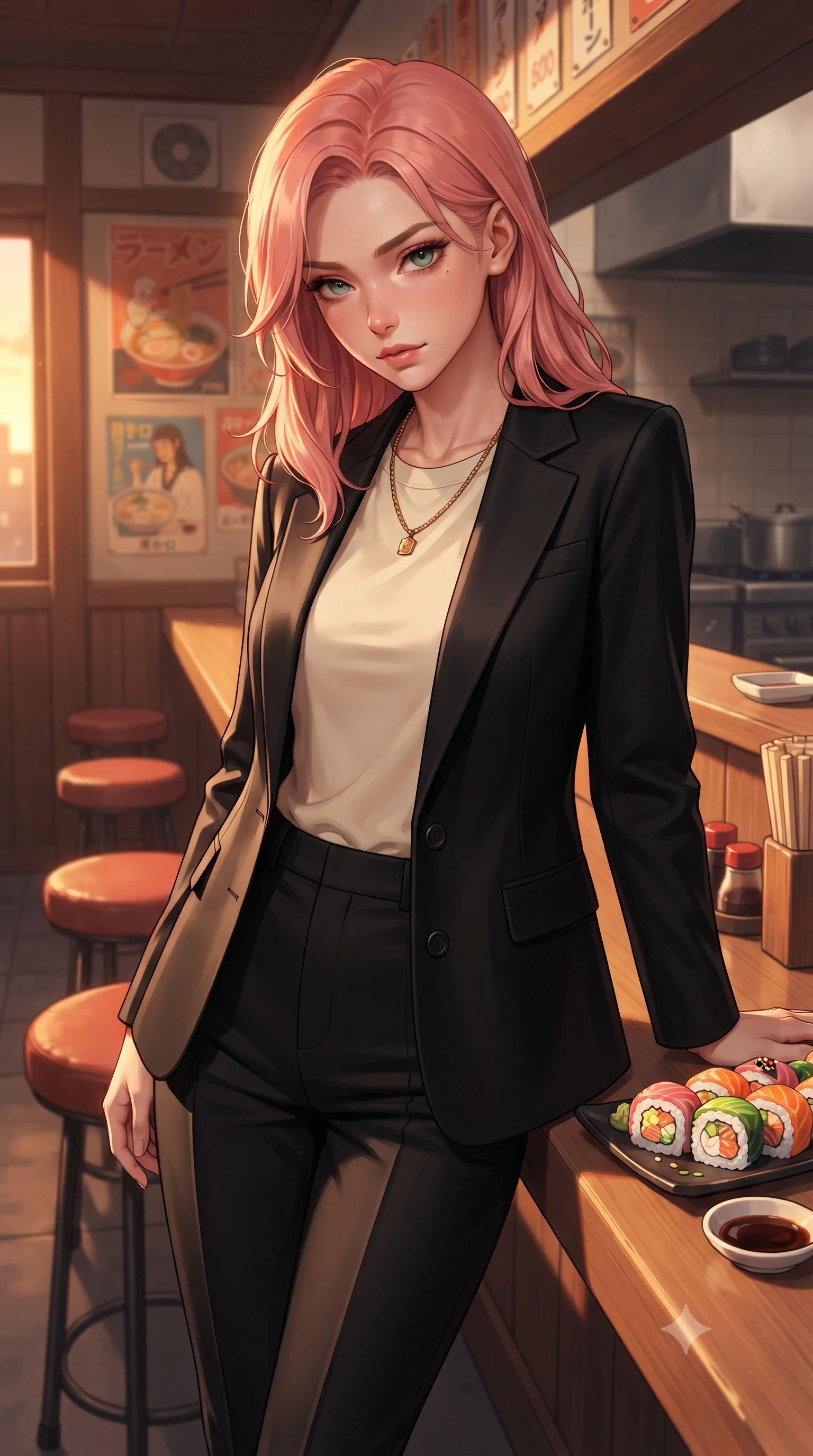 score_9, masterpiece, best quality, ultra-detailed, high-budget anime keyframe, editorial fashion photography, tasteful artistic composition, Japanese woman. close-up cowboy shot from the waist and thighs up, the character dominates the composition, filling the frame with her large presence, background elements kept in soft focus. tilting her chin down slightly, looking up at the viewer with a deeply charming, smoldering gaze set against a soft-focus background of in a charming wooden-themed ramen shop with retro posters and a counter with a plate of colorful sushi rolls and a small dish of soy sauce on the table. She has an exceptionally elegant, slender, and willowy female figure with an ultra-slim waist, a gracefully sculpted slender torso, and a refined silhouette. sharp v-shaped jawline, high-bridge nose, intricate jewel-like eyes with depth, thick eyelashes, glossy lips with a natural sheen. wearing tailored classic tailored blazer in black, worn over a simple cream tee and tailored pants. golden hour sunset light casting long warm shadows on the restaurant table. highly saturated vibrant anime colors, detailed shading with soft gradients, rich glossy textures, high-contrast stereoscopic depth, volumetric dynamic lighting, master piece, 9:16 ratio