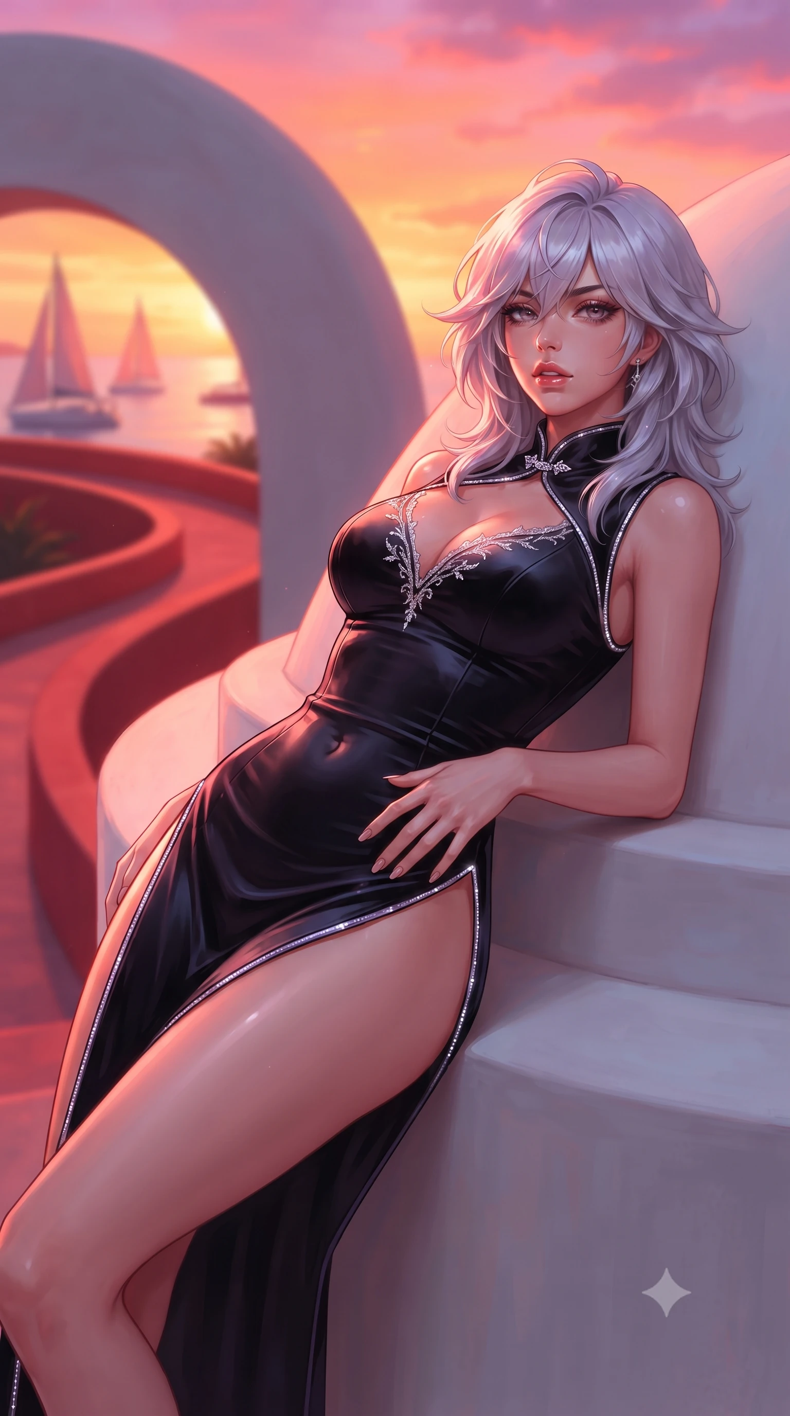 score_9, masterpiece, best quality, ultra-detailed, high-budget anime keyframe, editorial fashion photography, tasteful artistic composition, Japanese woman. close-up cowboy shot from the waist and thighs up, the character dominates the composition, filling the frame with her large presence. resting one manicured hand delicately on her hip bone, her upper body turning in a fluid, seductive S-curve while parted lips glisten in the light while reclining against the smooth whitewashed architectural dome base, her long slender legs and curvy hourglass curves commanding the frame. The composition keeps background elements in soft focus with creamy bokeh. sweeping red concrete ramp curves and passing sailboats softened in cinematic tropical shallow focus. She has an exceptionally elegant, slender, and willowy female figure with an ultra-slim waist, flat toned midriff, narrow ribcage, and sculpted feminine hips creating an alluring, slim hourglass silhouette without bulk. sharp v-shaped jawline, high-bridge nose, intricate jewel-like eyes with depth, thick eyelashes, glossy parted lips with a natural sheen, intensely captivating and seductive bedroom-eyes expression, flawlessly proportioned anatomical accuracy, strict slender model proportions, natural body alignment, perfectly sculpted long slender limbs, ultra-slim waistline, clean dynamic posture without body distortion. wearing a modernized cyber-qipao mini dress with an ultra-high side slit ascending to the hip and glowing piping in pitch-black velvet with diamond crystal trim, tailored from ultra-smooth duchess satin with a pearlescent sheen, finished with delicate crystal frost embroidery tracing the plunging neckline, the form-contouring material adhering flawlessly to her sculpted flat midriff and slender torso, emphasizing her long leg lines and perfectly proportioned willowy build. bathed in vibrant tropical sunset glow in vivid shades of tangerine and magenta. ultra-reflective glossy finish, specular highlights, rich textural contrasts, high-contrast stereoscopic depth, volumetric dynamic lighting, 2k, ultra detail, master piece, 9:16 ratio