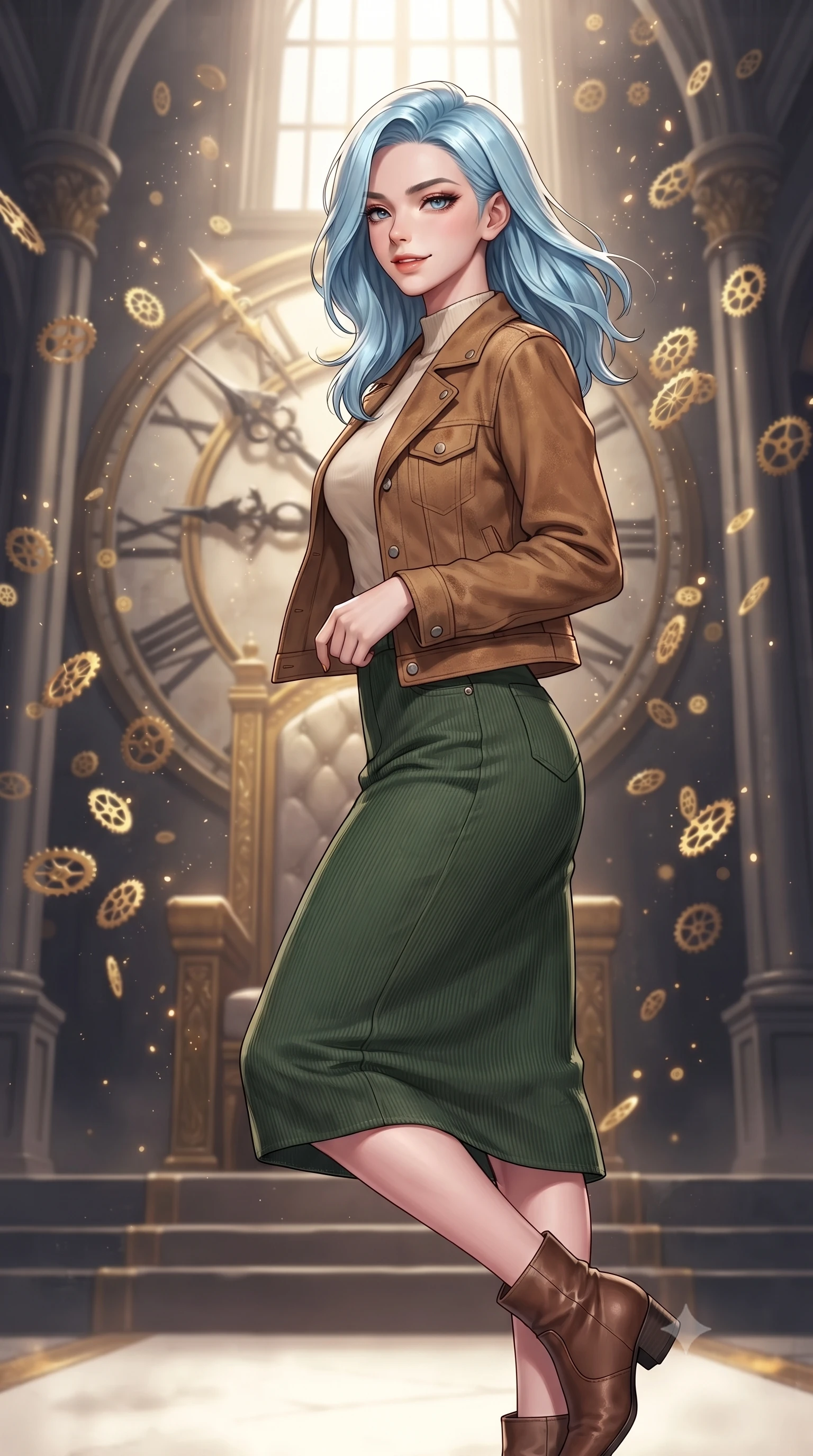 score_9, masterpiece, best quality, ultra-detailed, high-budget anime keyframe, gorgeous anime illustration, with clean line-art, distinct ink outlines, and high-contrast stereoscopic depth, Korean woman. close-up cowboy shot from the waist and thighs up, the character dominates the composition, filling the frame with her large presence, background elements kept in soft focus. Glancing sidelong over her shoulder with a smoldering half-smile. set against a soft-focus background of in a grand cathedral-like throne room where giant clock hands rotate on the wall behind a gilded throne, thousands of golden clock gears floating in the air like dust particles. She has an exceptionally elegant and slender, willowy female figure with an ultra-slim waist, a gracefully sculpted slender torso, and a refined slim physique. sharp v-shaped jawline, high-bridge nose, intricate jewel-like eyes with depth, thick eyelashes, glossy lips with a natural sheen. wearing a rustic tan suede jacket over a cream mock-neck top and a forest green corduroy midi skirt. dramatic chiaroscuro with a single golden key light from a high window, highlighting the floating gears like gold sparks. 2k, ultra detail, master piece, 9:16 ratio, highly saturated vibrant anime colors, detailed cel-shading with soft gradients, rich glossy textures, deep contrast, volumetric dynamic lighting, 2d animation style