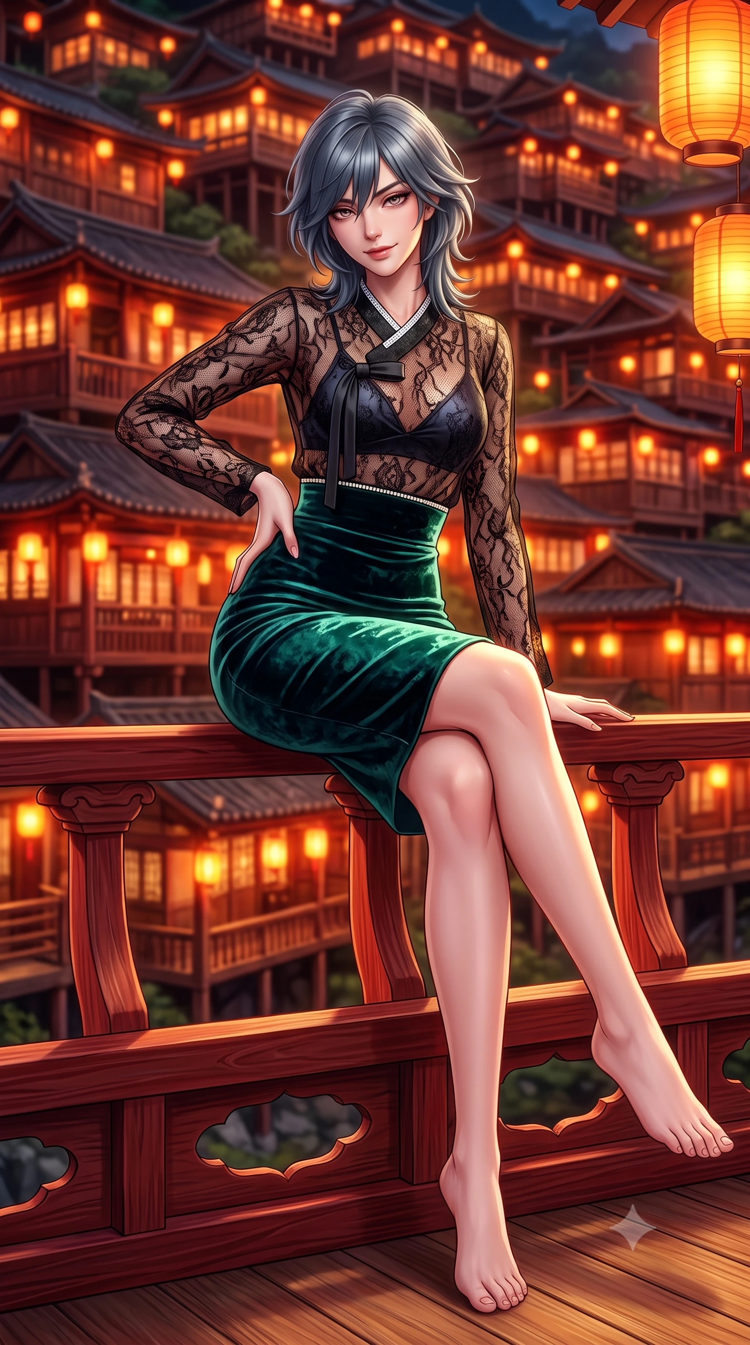 score_9, masterpiece, best quality, ultra-detailed, high-budget anime keyframe, semi-realistic 3D game render, editorial fashion photography, tasteful artistic composition, Caucasian woman. low angle full-body shot from head to toe showing her feet, filling the entire 9:16 vertical frame with her statuesque presence, stretching her vertical silhouette. sitting perched on the elevated pavilion terrace edge with legs crossed and hips angled toward the camera, displaying her toned midriff and long slender limbs with joyful, coquettish charm while leaning against the carved red timber railing with hips cocked back, looking over her shoulder with an intoxicating, smoldering half-smile. The background shows a soft-focus tiers of intricately stacked wooden stilt houses illuminated in blazing gold and crimson blurred into amber, gold, and ruby bokeh. She has an absolutely perfect, statuesque 8.5-heads proportion, an exceptionally tall and slender model-like female figure with impossibly long slender legs, an ultra-slim waist, a flat toned midriff, narrow delicate ribcage, and beautifully sculpted feminine hips creating a graceful, slim hourglass silhouette without any bulky heaviness. sharp v-shaped jawline, high-bridge nose, intricate jewel-like dark sparkling almond eyes with depth, thick lashes, glossy parted lips with a natural rose-plum sheen, bright alluring and coquettish smile with bedroom-eyes, exuding both timeless oriental elegance and sovereign high-fashion allure, flawlessly proportioned anatomical accuracy, strict slender model proportions, natural body alignment, perfectly sculpted long slender limbs, ultra-slim waistline, clean dynamic posture without body distortion. wearing a sheer black lace jeogori worn over an opaque dark silk bralette with an ultra-fitted high-waisted pencil skirt in deep midnight obsidian and luminous imperial jade green, crafted from sumptuous crushed winter velvet with deep light-absorbing plushness, finished with subtle crystal rhinestones tracing the elegant neckline, the high-waisted wrap tailoring accentuating her ultra-slim waistline and the enchanting curve of her feminine hips with alluring oriental charm. bathed in intense blazing golden and amber lantern illumination echoing from hundreds of eaves. highly saturated vibrant anime colors, detailed shading with soft gradients, rich glossy textures, high-contrast stereoscopic depth, volumetric dynamic lighting, master piece, 9:16 ratio