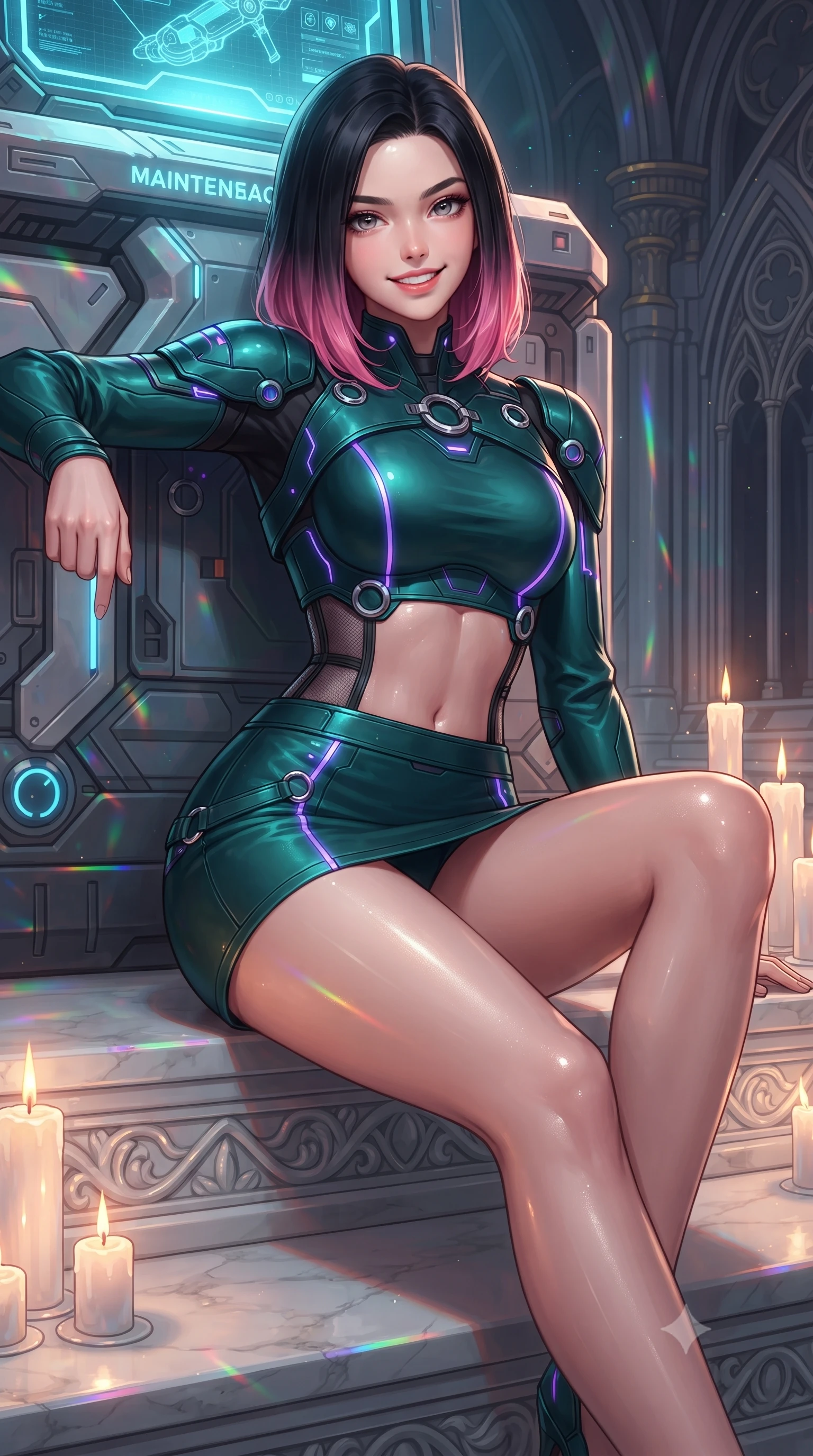 score_9, masterpiece, best quality, ultra-detailed, high-budget anime keyframe, editorial fashion photography, tasteful artistic composition, Korean woman. close-up cowboy shot from the waist and thighs up, the character dominates the composition, filling the frame with her large presence. leaning back against the glowing maintenance bulkhead with relaxed seductive grace, her flat midriff and narrow waist highlighted as laser ambient light traces her curves while lounging gracefully on the carved marble altar steps, her long slender legs and hourglass curves commanding the high-tech sanctuary. The surrounding environment is rendered in vivid detail and crisp panoramic clarity: detailed armored bodice weave, rainbow laser specular highlights on skin, and futuristic gothic cathedral architecture in high clarity. She has an exceptionally elegant, slender, and willowy female figure with an ultra-slim waist, flat toned midriff, narrow ribcage, and sculpted feminine hips creating an alluring, slim hourglass silhouette without bulk. sharp v-shaped jawline, high-bridge nose, intricate jewel-like sparkling eyes with depth, thick eyelashes, glossy parted lips with a natural sheen, bright confident smile with an enchanting and coquettish sensual glint, exuding both youthful magnetic charm and sovereign high-tech allure, flawlessly proportioned anatomical accuracy, strict slender model proportions, natural body alignment, perfectly sculpted long slender limbs, ultra-slim waistline, clean dynamic posture without body distortion. wearing a modern mecha-suit two-piece set featuring a cropped armored bolero top and micro tactical skirt with chrome rings in dark emerald teal and ultraviolet glow lines, formed from supple thermal silicone composite adhering seamlessly like a second skin, finished with delicate carbon-fiber boning framing the narrow waistline, the form-contouring cut accentuating her sculpted flat midriff, narrow delicate ribcage, and gracefully curvy hips with cybernetic supermodel precision. illuminated by altar floor candle LEDs and sharp gold-and-violet rim lighting sculpting her razor-sharp jawline, narrow waist, and curvy hips. ultra-reflective glossy finish, specular highlights, rich textural contrasts, high-contrast stereoscopic depth, volumetric dynamic lighting, 2k, ultra detail, master piece, 9:16 ratio
