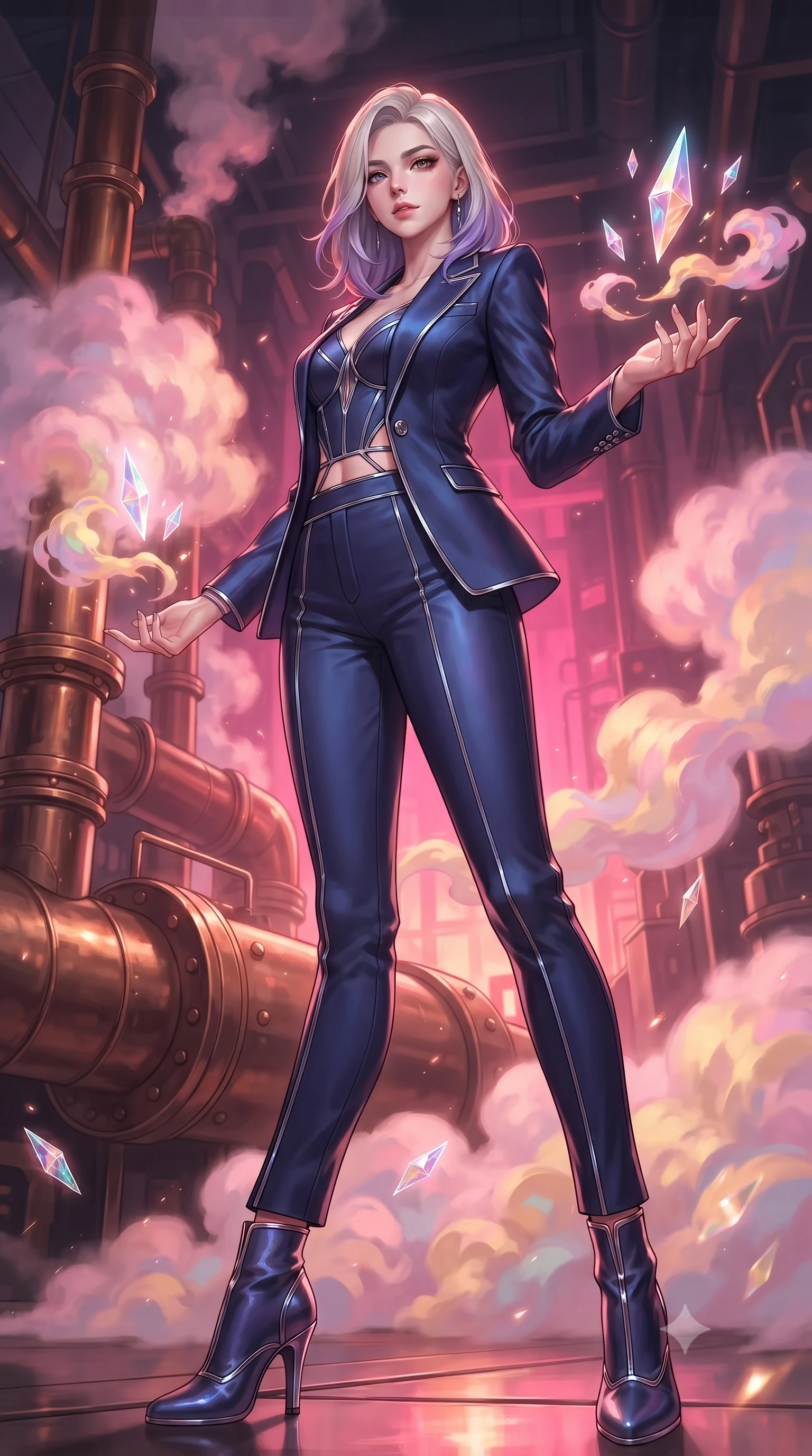 score_9, masterpiece, best quality, ultra-detailed, high-budget anime keyframe, editorial fashion photography, tasteful artistic composition, Caucasian woman. low angle full-body shot from head to toe showing her feet, filling the entire 9:16 vertical frame with her statuesque presence, stretching her vertical silhouette. interacting gracefully with the magical floating elements while maintaining a confident posture poised beside giant bronze steam pipes emitting pink and amber vapor clouds, pastel-colored steam clouds scattering bright metallic reflections. She has an absolutely perfect, statuesque 8.5-heads proportion, an exceptionally tall and slender model-like female figure with impossibly long slender legs and an ultra-slim waist. sharp v-shaped jawline, high-bridge nose, intricate jewel-like eyes with depth, thick eyelashes, glossy lips with a natural sheen. wearing a tailored silk blazer over a form-contouring top and fitted slacks in midnight navy blue and chrome trim, crafted from iridescent chiffon that shifts colors in the light, featuring subtle geometric cutouts that highlight her ultra-slim midriff, the sleek second-skin texture accentuating her magnetic presence. bathed in hot pink and orange furnace glow with sharp bronze specular highlights. highly saturated vibrant anime colors, detailed shading with soft gradients, rich glossy textures, high-contrast stereoscopic depth, volumetric dynamic lighting, master piece, 9:16 ratio