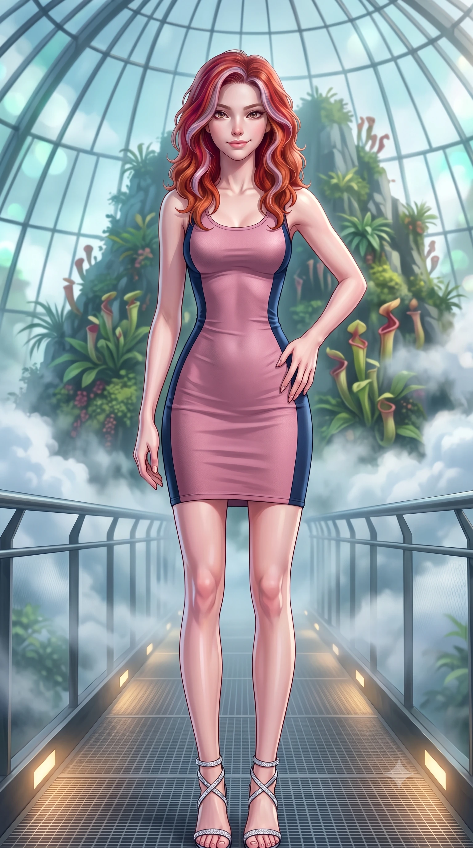 score_9, masterpiece, best quality, ultra-detailed, high-budget anime keyframe, semi-realistic 3D game render, editorial fashion photography, tasteful artistic composition, Caucasian woman. close-up cowboy shot from the waist and thighs up, the character dominates the composition, filling the frame with her large presence. tilting her head with a teasing half-smile, running one hand slowly down the side of her hip in a flirtatious S-curve as ambient light caresses her silhouette while standing poised on the high-level mist catwalk suspended inside the soaring glass mountain dome, arching her lower back as billowing cool cloud mist wraps around her silhouette. The background shows a soft-focus towering 35-meter man-made mountain densely covered in tropical epiphytes and pitcher plants, swirling white cloud mist, and glass dome ribs blurred into jade, emerald, and silver bokeh. She has an exceptionally elegant, slender, and willowy female figure with an ultra-slim waist, flat toned midriff, narrow ribcage, and sculpted feminine hips creating an alluring, slim hourglass silhouette without bulk. sharp v-shaped jawline, high-bridge nose, intricate jewel-like sparkling eyes with depth, thick eyelashes, glossy parted lips with a natural peach sheen, bright cheerful beaming smile with an enchanting and coquettish sensual glint, exuding both youthful cute charm and seductive allure, flawlessly proportioned anatomical accuracy, strict slender model proportions, natural body alignment, perfectly sculpted long slender limbs, ultra-slim waistline, clean dynamic posture without body distortion. wearing a glove-like stretch modal tank dress adhering tightly to her flat midriff and feminine hips in Brittany pink granite rose and deep Atlantic navy, crafted from bespoke double-faced cashmere with an exceptionally soft tactile finish, complemented by strappy stiletto sandals with crystal ankle wraps accentuating her slender calves, the form-contouring silhouette accentuating her sculpted flat midriff, narrow delicate ribcage, and gracefully curvy hips with intoxicating allure. bathed in the cool 5000K daylight-white mist illumination mixed with warm 2700K pathway architectural spot LEDs. highly saturated vibrant anime colors, detailed shading with soft gradients, rich glossy textures, high-contrast stereoscopic depth, volumetric dynamic lighting, master piece, 9:16 ratio