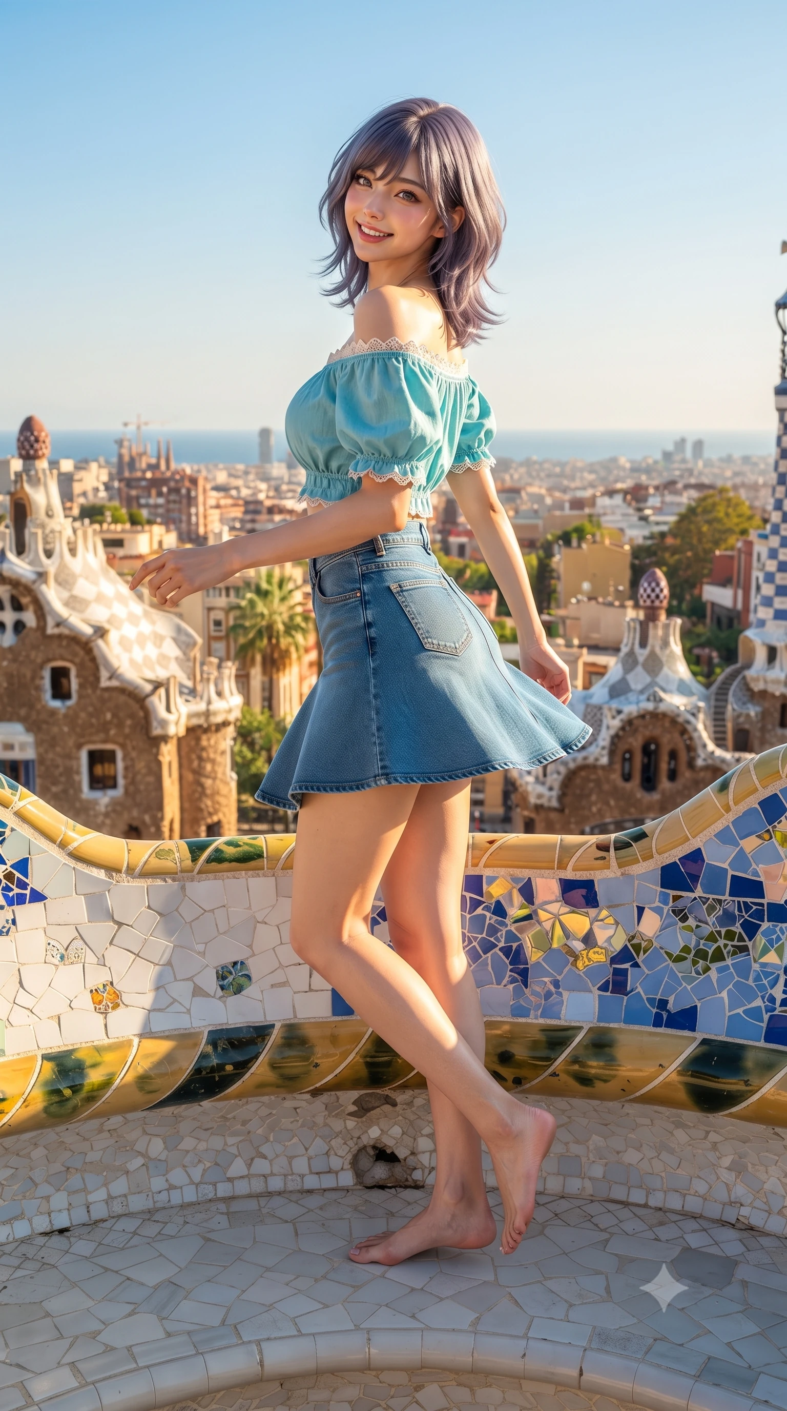 score_9, masterpiece, best quality, ultra-detailed, high-budget anime keyframe, editorial fashion photography, tasteful artistic composition, Japanese woman. low angle full-body shot from head to toe showing her feet, filling the entire 9:16 vertical frame with her statuesque presence, stretching her vertical silhouette. executing a cheerful mid-motion pivot turn as her skirt flutters around her slender legs, glancing over her shoulder with an intoxicating, teasing cute expression while sitting perched atop the undulating colorful mosaic serpentine bench, arching her back with effortless Catalan chic and a bright playful smile. The surrounding environment is rendered in vivid detail and crisp panoramic clarity. detailed linen sundress weave, golden sun glints on skin, and Barcelona city vista in high clarity. She has an exceptionally tall and slender model-like 8.5-heads proportion, an ultra-slim waist, a flat toned midriff, narrow delicate ribcage, and beautifully sculpted feminine hips creating a graceful, slim hourglass silhouette without any bulky heaviness, with impossibly long slender legs. sharp v-shaped jawline, high-bridge nose, intricate jewel-like sparkling eyes with depth, thick eyelashes, glossy parted lips with a natural peach sheen, bright cheerful beaming smile with an enchanting and coquettish sensual glint, exuding both youthful cute charm and seductive allure, flawlessly proportioned anatomical accuracy, strict slender model proportions, natural body alignment, perfectly sculpted long slender limbs, ultra-slim waistline, clean dynamic posture without body distortion. wearing an off-shoulder puff-sleeve crop blouse with a tight high-waisted denim A-line mini skirt emphasizing her curvy hips in ocean turquoise and sea-salt white, crafted from soft cozy cashmere yarn with an airy drape, finished with delicate lace scallop edging along the neckline, the glove-like silhouette tightly following the natural contour of her hips and long slender legs with youthful 8.5-heads elegance. bathed in glorious golden hour Mediterranean sunlight washing over the elevated terrace. ultra-reflective glossy finish, specular highlights, rich textural contrasts, high-contrast stereoscopic depth, volumetric dynamic lighting, 2k, ultra detail, master piece, 9:16 ratio