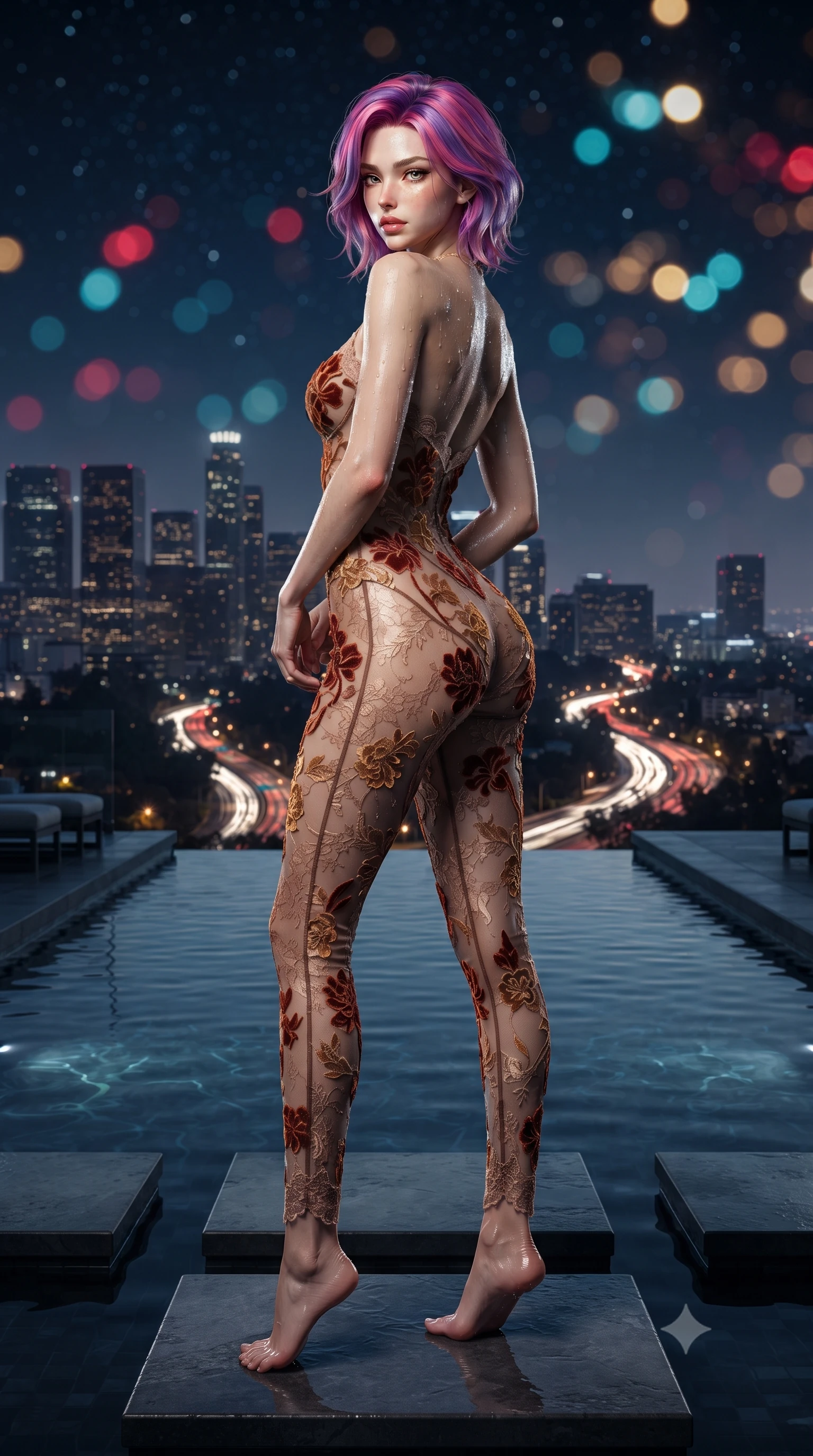 score_9, masterpiece, best quality, ultra-detailed, high-budget anime keyframe, editorial fashion photography, tasteful artistic composition, Caucasian woman. low angle full-body shot from head to toe showing her feet, filling the entire 9:16 vertical frame with her statuesque presence, stretching her vertical silhouette. walking along the terrace with poise, looking back over her bare shoulder with an irresistible smoldering bedroom-gaze while standing poised on the submerged stepping stones in the dark infinity pool, arching her spine with wet-look siren grace overlooking the city. The background shows a soft-focus sweeping vista of downtown LA skyscrapers, winding canyon highway headlights, and starry sky blurred into ruby, cyan, and gold bokeh. She has an exceptionally tall and slender model-like 8.5-heads proportion, an ultra-slim waist, a flat toned midriff, narrow delicate ribcage, and beautifully sculpted feminine hips creating a graceful, slim hourglass silhouette without any bulky heaviness, with impossibly long slender legs. sharp v-shaped jawline, high-bridge nose, intricate jewel-like sparkling eyes with depth, thick eyelashes, glossy parted lips with a natural peach sheen, bright cheerful beaming smile with an enchanting and coquettish sensual glint, exuding both youthful cute charm and seductive allure, flawlessly proportioned anatomical accuracy, strict slender model proportions, natural body alignment, perfectly sculpted long slender limbs, ultra-slim waistline, clean dynamic posture without body distortion. wearing a provocative sheer mesh catsuit with strategic velvet floral appliqués contouring her slender hourglass frame in warm cinnamon silk and burnished gold, made of delicate semi-sheer French Chantilly lace with intricate eyelash edges, finished with scalloped eyelash lace trim framing her sweetheart neckline with intimate elegance, the second-skin tailored fabric adhering flawlessly to her sculpted flat midriff and slender torso, emphasizing her long leg lines and perfectly proportioned willowy build. illuminated by pool surface caustics bounce and sharp platinum-cyan rim lights defining her jawline, flat midriff, and feminine hips. ultra-reflective glossy finish, specular highlights, rich textural contrasts, high-contrast stereoscopic depth, volumetric dynamic lighting, 2k, ultra detail, master piece, 9:16 ratio