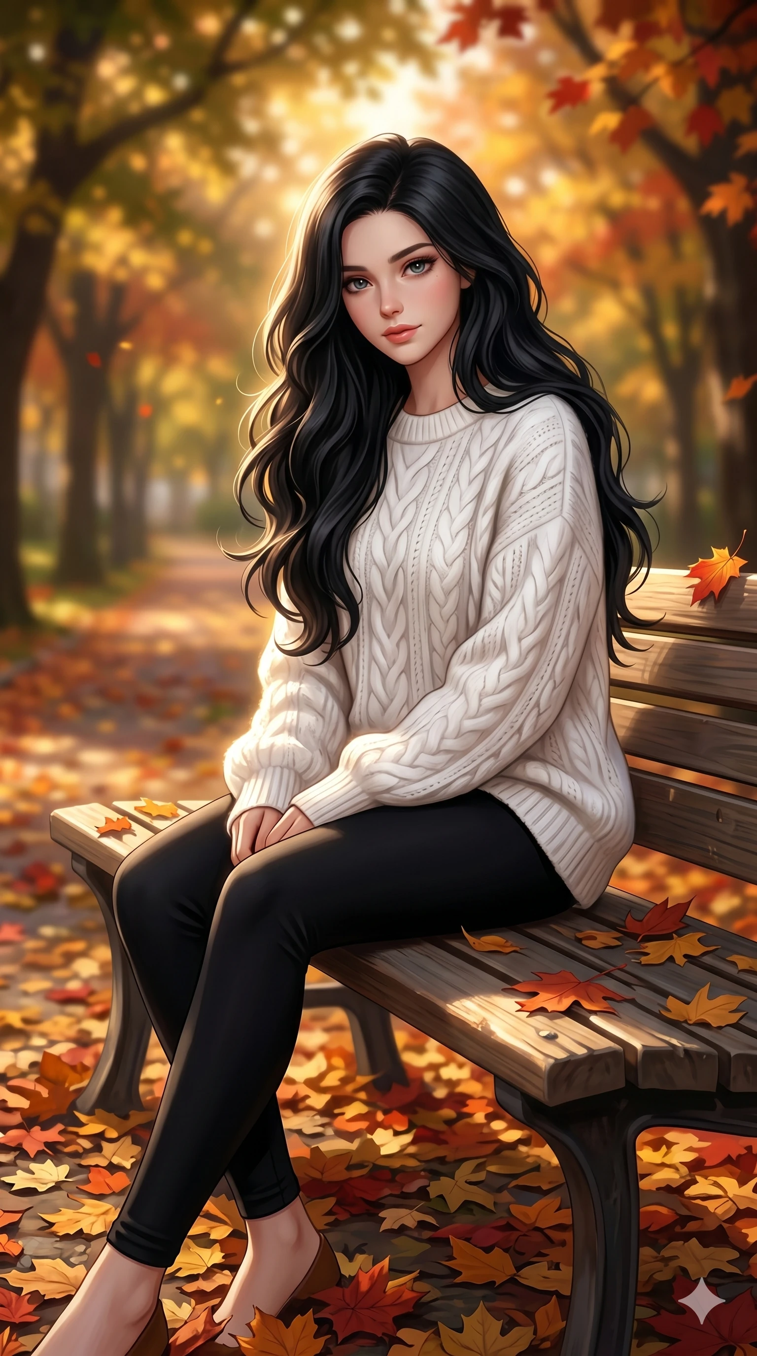 score_9, score_8_up, score_7_up, source_anime, masterpiece, best quality, ultra-detailed, same character with long flowing black hair, wearing a cozy white oversized sweater and leggings, full body shot sitting on a wooden bench in a park during autumn, colorful fallen leaves on the ground, soft golden sunlight, 2k, 9:16 ratio