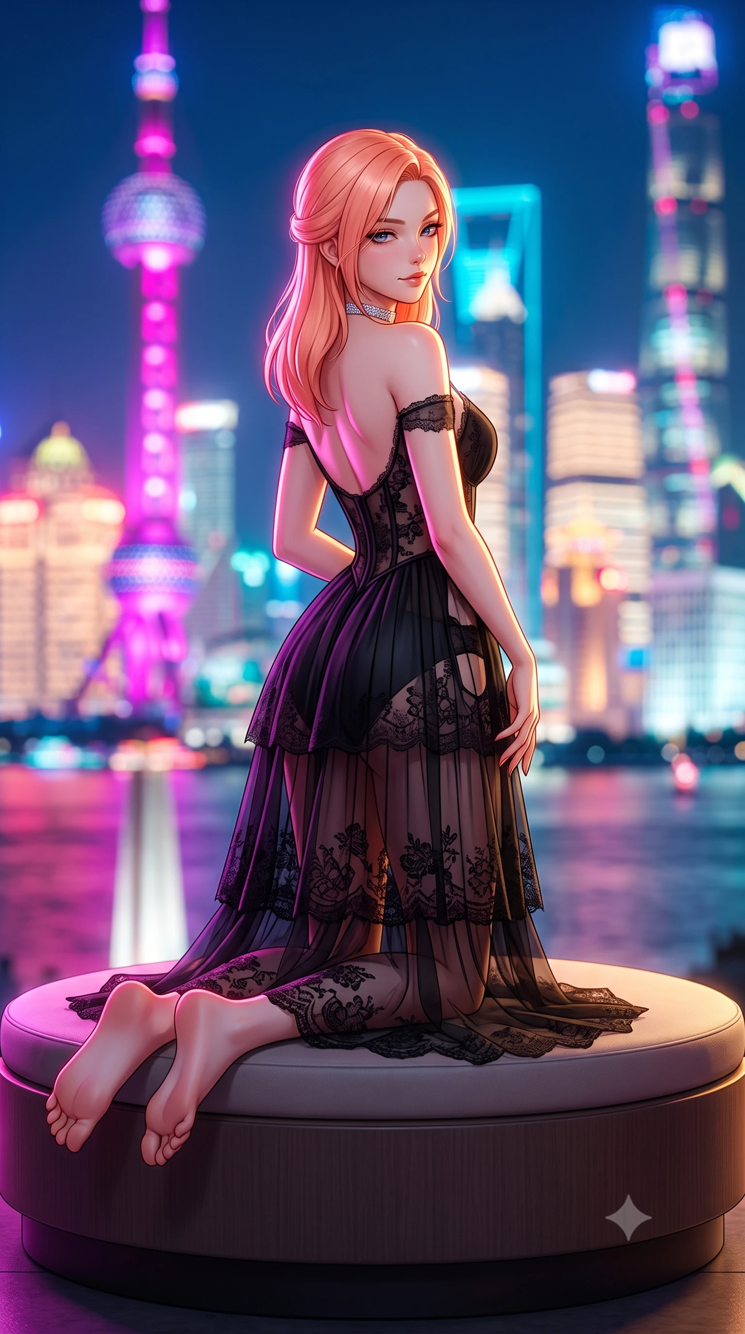 score_9, masterpiece, best quality, ultra-detailed, high-budget anime keyframe, semi-realistic 3D game render, editorial fashion photography, tasteful artistic composition, Japanese woman. low angle full-body shot from head to toe showing her feet, filling the entire 9:16 vertical frame with her statuesque presence, stretching her vertical silhouette. posing with back turned slightly to the lens, glancing back with an intoxicating, dangerous smile as she arches her lower back to emphasize her sculpted feminine hips and slender waist while lounging gracefully on a circular low banquette propped on one elbow, her radiant dark allure commanding the frame against the futuristic neon towers. The composition keeps background elements in soft focus with dreamy creamy bokeh. the futuristic illuminated towers of Pudong and historic Bund granite facades blurred into dazzling magenta, cyan, and champagne bokeh. She has an exceptionally tall and slender model-like 8.5-heads proportion, an ultra-slim waist, a flat toned midriff, narrow delicate ribcage, and beautifully sculpted feminine hips creating a graceful, slim hourglass silhouette without any bulky heaviness, with impossibly long slender legs. sharp v-shaped jawline, high-bridge nose, intricate jewel-like dark sparkling eyes with dangerous depth, thick curled eyelashes, glossy parted lips with a rich wine sheen, smoldering seductive half-smile with bedroom-eyes, exuding effortless superiority and intoxicating dark allure, flawlessly proportioned anatomical accuracy, strict slender model proportions, natural body alignment, perfectly sculpted long slender limbs, ultra-slim waistline, clean dynamic posture without body distortion. wearing a tiered semi-sheer black tulle and silk slip dress with an ultra-slim corseted waist and bare shoulders in metallic liquid silver and pitch black, crafted from sheer delicate Chantilly lace with intricate gothic floral motifs, finished with a delicate diamond choker catching the chandelier light, the precision-cut side openings and low-back scoop framing her graceful spine and the sensual sweep of her slim, toned hips. illuminated by crisp electric magenta and warm gold rim lights sharply carving her razor-sharp jawline, narrow waist, and curvy hips. highly saturated vibrant anime colors, detailed shading with soft gradients, rich glossy textures, high-contrast stereoscopic depth, volumetric dynamic lighting, master piece, 9:16 ratio