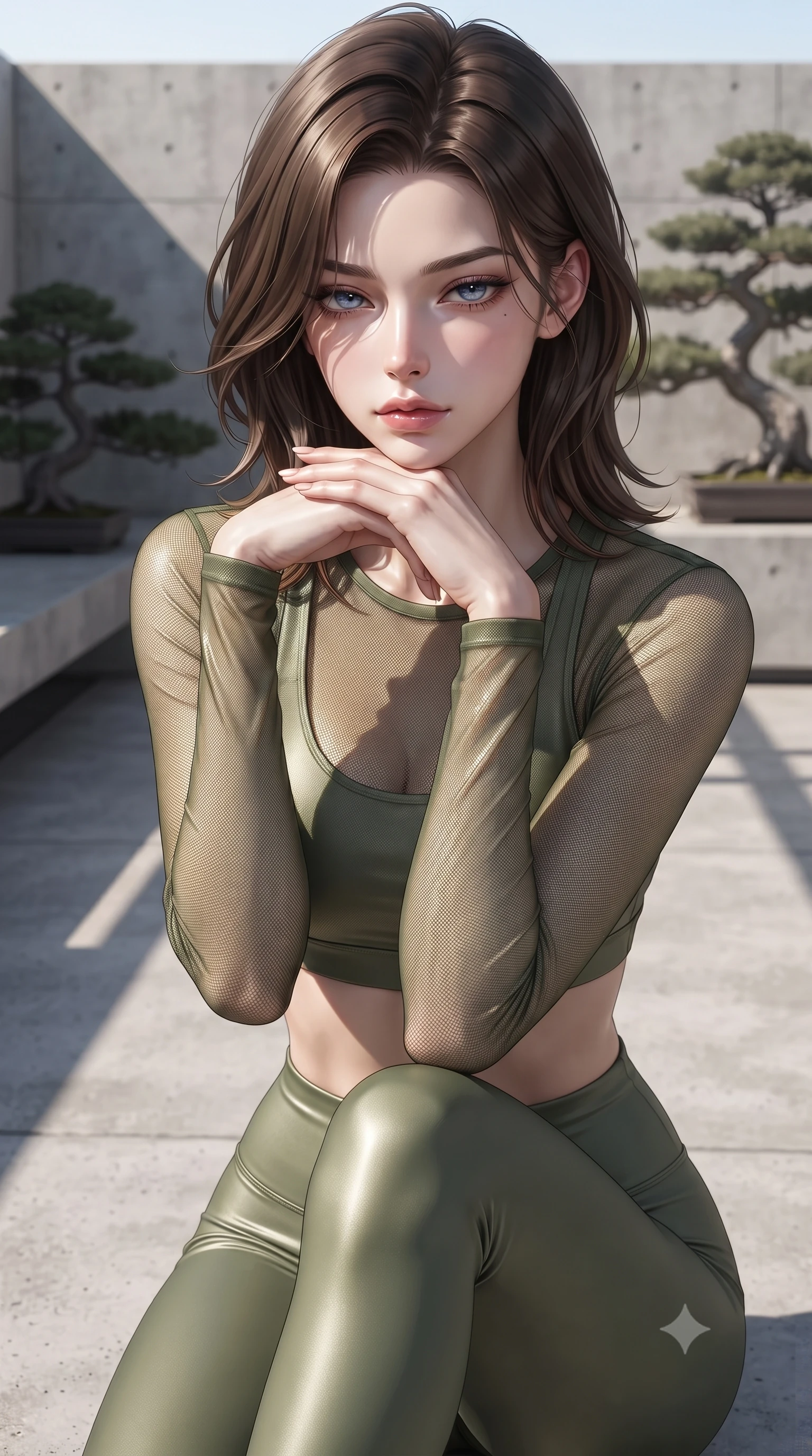 score_9, masterpiece, best quality, ultra-detailed, high-budget anime keyframe, editorial fashion photography, tasteful artistic composition, Korean woman woman. close-up cowboy shot from the waist and thighs up, the character dominates the composition, filling the frame with her large presence, background elements kept in soft focus. resting her chin on the backs of her fingers, casting a heavy-lidded, sultry look past the camera the background shows a soft-focus a minimalist outdoor bath deck with concrete walls and bonsai landscaping. She has an exceptionally elegant, slender, and willowy female figure with an ultra-slim waist, a gracefully sculpted slender torso, and a refined silhouette. sharp v-shaped jawline, high-bridge nose, intricate jewel-like eyes with depth, thick eyelashes, glossy lips with a natural sheen. wearing a form-contouring sheer mesh long-sleeve crop top in olive green, worn over a matching sports bra and leggings. sharp morning sunbeams casting clean, structured shadows across the deck. ultra-reflective glossy finish, specular highlights, metallic sheen, high-contrast stereoscopic depth, volumetric dynamic lighting, 2k, ultra detail, master piece, 9:16 ratio