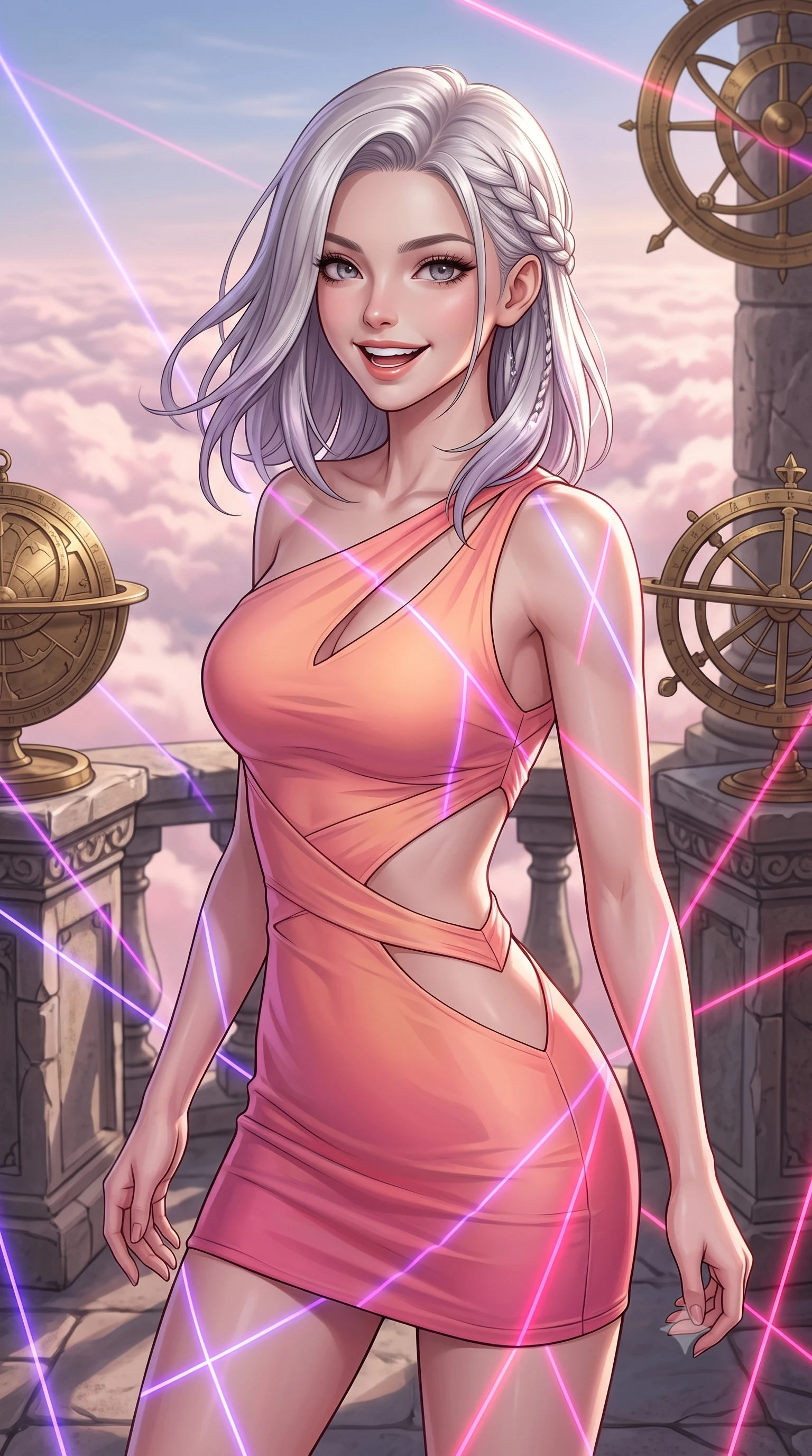score_9, masterpiece, best quality, ultra-detailed, high-budget anime keyframe, editorial fashion photography, tasteful artistic composition, Caucasian woman, strictly human ears. close-up cowboy shot from the waist and thighs up, the character dominates the composition, filling the frame with her large presence, background elements kept in soft focus. Casting a bright, energetic glance toward the camera with a cheerful grin. set against a soft-focus background of standing on the balcony of an ancient stone observatory with rotating brass astrolabes, looking out over a sea of pink-tinted clouds. She has an exceptionally elegant, slender, and willowy female figure with a highly-defined ultra-slim waist, a gracefully sculpted slender torso, and a refined slim-fit silhouette that contours her form. sharp v-shaped jawline, high-bridge nose, intricate jewel-like eyes with depth, thick eyelashes, glossy lips with a natural sheen. wearing an asymmetric one-shoulder mini dress in a peach-to-pink gradient with a scooped open back. laser lines of violet and hot pink reflecting off surfaces casting geometric neon highlights. 2k, ultra detail, master piece, 9:16 ratio