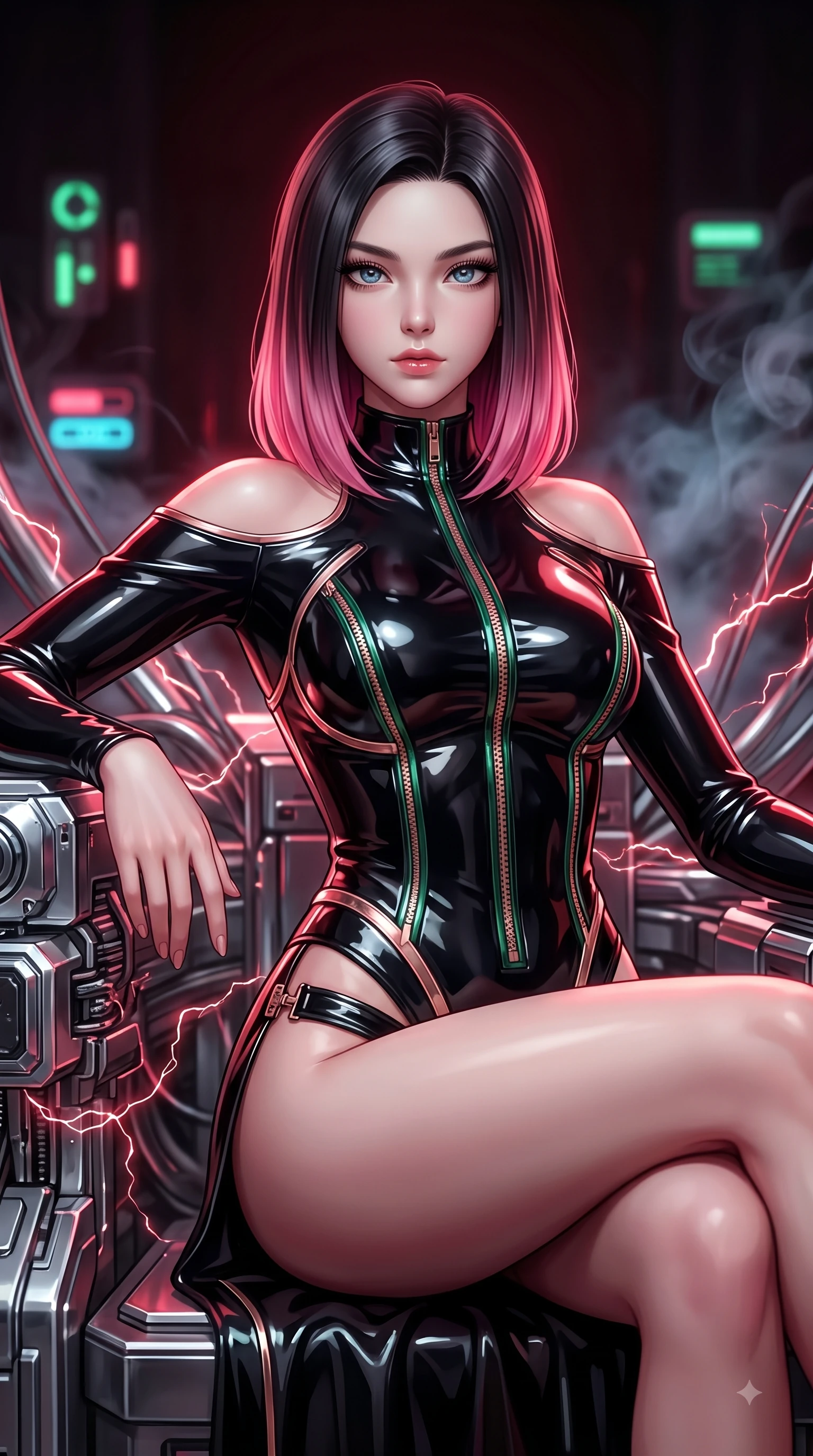 score_9, masterpiece, best quality, ultra-detailed, high-budget anime keyframe, semi-realistic 3D game render, editorial fashion photography, tasteful artistic composition, Korean woman. close-up cowboy shot from the waist and thighs up, the character dominates the composition, filling the frame with her large presence. gazing directly into the lens with bedroom eyes and a breathtaking, dangerous allure that commands the entire composition while posing with sovereign authority on a throne of chrome logic cores with crimson electricity arcing softly. The composition keeps background elements in soft focus with creamy bokeh. glowing neon indicators and electronic smoke blurring into a dramatic dark backdrop. She has an exceptionally elegant, slender, and willowy female figure with an ultra-slim waist, a gracefully sculpted slender torso, and a refined silhouette. sharp v-shaped jawline, high-bridge nose, intricate jewel-like eyes with depth, thick eyelashes, glossy lips with a natural sheen, flawlessly proportioned anatomical accuracy, natural body alignment, perfectly sculpted elegant limbs, clean dynamic posture without body distortion. wearing a glossy black second-skin latex bodysuit with high-thigh cuts, exposed clavicle neckline, and gleaming zipper details in emerald green and metallic rose gold trim, formed from high-gloss patent material with specular light reflections, finished with an ultra-high side slit secured by miniature magnetic clasps, the glove-like fit tightly following every curve of her statuesque athletic build. illuminated by deep ruby red ambient glow and crisp silver specular highlights. highly saturated vibrant anime colors, detailed shading with soft gradients, rich glossy textures, high-contrast stereoscopic depth, volumetric dynamic lighting, master piece, 9:16 ratio