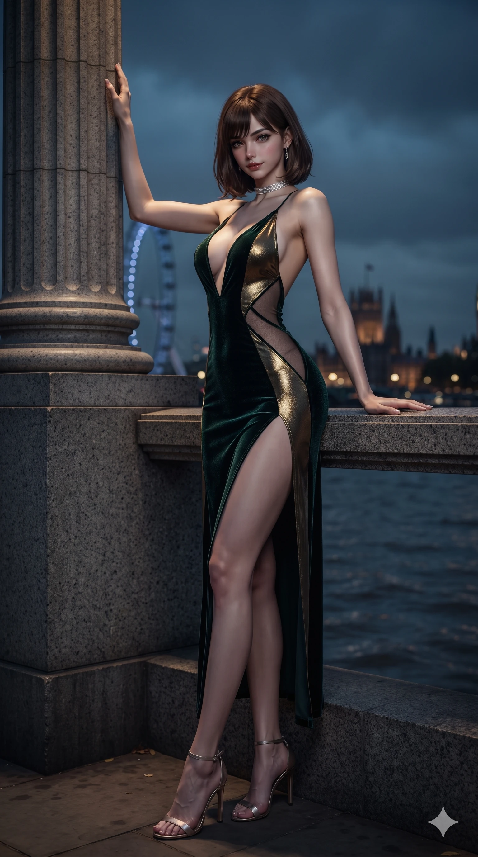 score_9, masterpiece, best quality, ultra-detailed, high-budget anime keyframe, editorial fashion photography, tasteful artistic composition, Caucasian woman. low angle full-body shot from head to toe showing her feet, filling the entire 9:16 vertical frame with her statuesque presence, stretching her vertical silhouette. standing tall beside the architectural column, one hand resting high while arching her lower back to emphasize her sculpted feminine hips and slender waist while resting one elbow on the granite river balustrade while arching her spine with dancer poise, her dark bedroom-eyes casting a magnetic sidelong glance. The background shows a soft-focus rippling dark Thames river water and distant London South Bank lights softened in moody riverfront shallow focus. She has an exceptionally tall and slender model-like 8.5-heads proportion, an ultra-slim waist, a flat toned midriff, narrow delicate ribcage, and beautifully sculpted feminine hips creating a graceful, slim hourglass silhouette without any bulky heaviness, with impossibly long slender legs. sharp v-shaped jawline, high-bridge nose, intricate jewel-like dark sparkling eyes with dangerous depth, thick curled eyelashes, glossy parted lips with a rich wine sheen, smoldering seductive half-smile with bedroom-eyes, exuding effortless superiority and intoxicating dark allure, flawlessly proportioned anatomical accuracy, strict slender model proportions, natural body alignment, perfectly sculpted long slender limbs, ultra-slim waistline, clean dynamic posture without body distortion. wearing a provocative backless liquid lamé slip dress with plunging neckline and hip-high thigh slit in deep velvet forest green and antique brass, featuring strategic sheer-illusion micro-mesh cutouts along her ribcage and hip flanks, finished with a delicate diamond choker catching the chandelier light, the form-contouring cut accentuating her sculpted flat midriff, narrow delicate ribcage, and gracefully curvy hips with intoxicating allure. bathed in cool ethereal cobalt bridge floodlights and warm golden promenade streetlights. ultra-reflective glossy finish, specular highlights, rich textural contrasts, high-contrast stereoscopic depth, volumetric dynamic lighting, 2k, ultra detail, master piece, 9:16 ratio