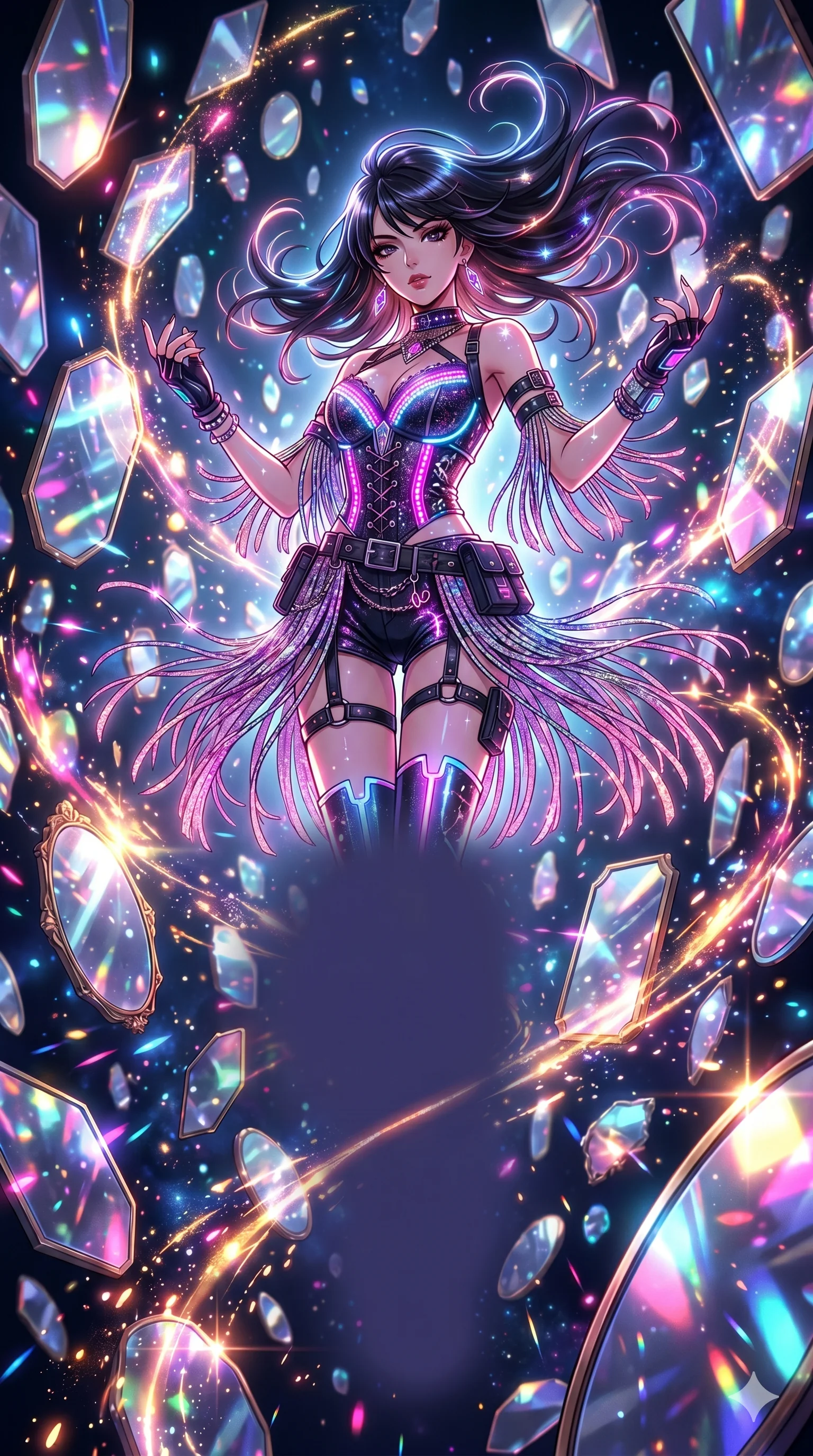 score_9, masterpiece, best quality, ultra-detailed, Set A: High-budget Anime Keyframe, Japanese woman. Low angle cowboy shot filling the entire 9:16 frame with her statuesque presence. Floating through a dimension of floating mirrors, as gravity fails and everything around her floats in state 286 and surrounded by glowing energy sparks. She has an absolutely perfect 8-heads proportion, an exceptionally tall and slender female figure with impossibly long slender legs and an ultra-slim waist. Sharp v-shaped jawline, high-bridge nose, intricate jewel-like eyes with depth, thick eyelashes, glossy lips with a natural sheen. Wearing Cyberpunk idol stage outfit with glittery fringes, leather straps, and glowing LED accents. Cinematic lighting, vibrant colors, dramatic shadows, 2k, ultra detail, master piece, 9:16 ratio