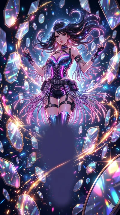 score_9, masterpiece, best quality, ultra-detailed, Set A: High-budget Anime Keyframe, Japanese woman. Low angle cowboy shot filling the entire 9:16 frame with her statuesque presence. Floating through a dimension of floating mirrors, as gravity fail