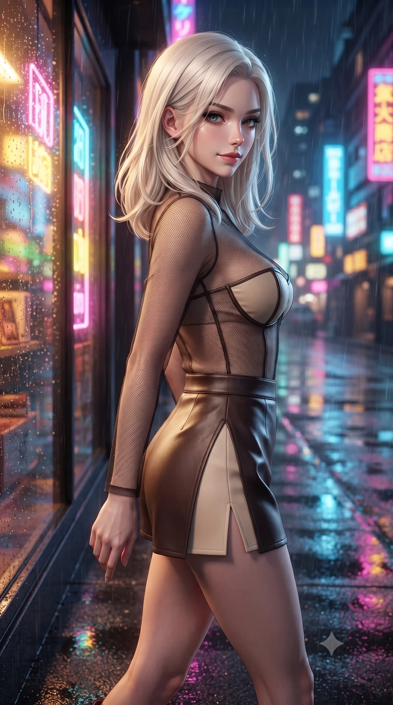 score_9, masterpiece, best quality, ultra-detailed, high-budget anime keyframe, editorial fashion photography, tasteful artistic composition, Caucasian woman. close-up cowboy shot from the waist and thighs up, the character dominates the composition, filling the frame with her large presence, background elements kept in soft focus. Glancing sidelong over her shoulder with a smoldering half-smile and heavy lashes walking across a wet asphalt street reflecting multi-color neon city lights, rain droplets glistening on the glass window with colorful neon reflections. She has an exceptionally elegant, slender, and willowy female figure with an ultra-slim waist, a gracefully sculpted slender torso, and a refined silhouette. sharp v-shaped jawline, high-bridge nose, intricate jewel-like eyes with depth, thick eyelashes, glossy lips with a natural sheen. wearing a delicate see-through mesh top with structured cup boning and micro-shorts in espresso brown and warm cream, made of fine carbon-fiber weave and soft matte leather, finished with a sleek side slit ascending to mid-thigh, the elegant draped fit framing her graceful clavicle and slender torso. illuminated by warm indoor golden amber light and cool rainy blue neon rim light. highly saturated vibrant anime colors, detailed shading with soft gradients, rich glossy textures, high-contrast stereoscopic depth, volumetric dynamic lighting, master piece, 9:16 ratio