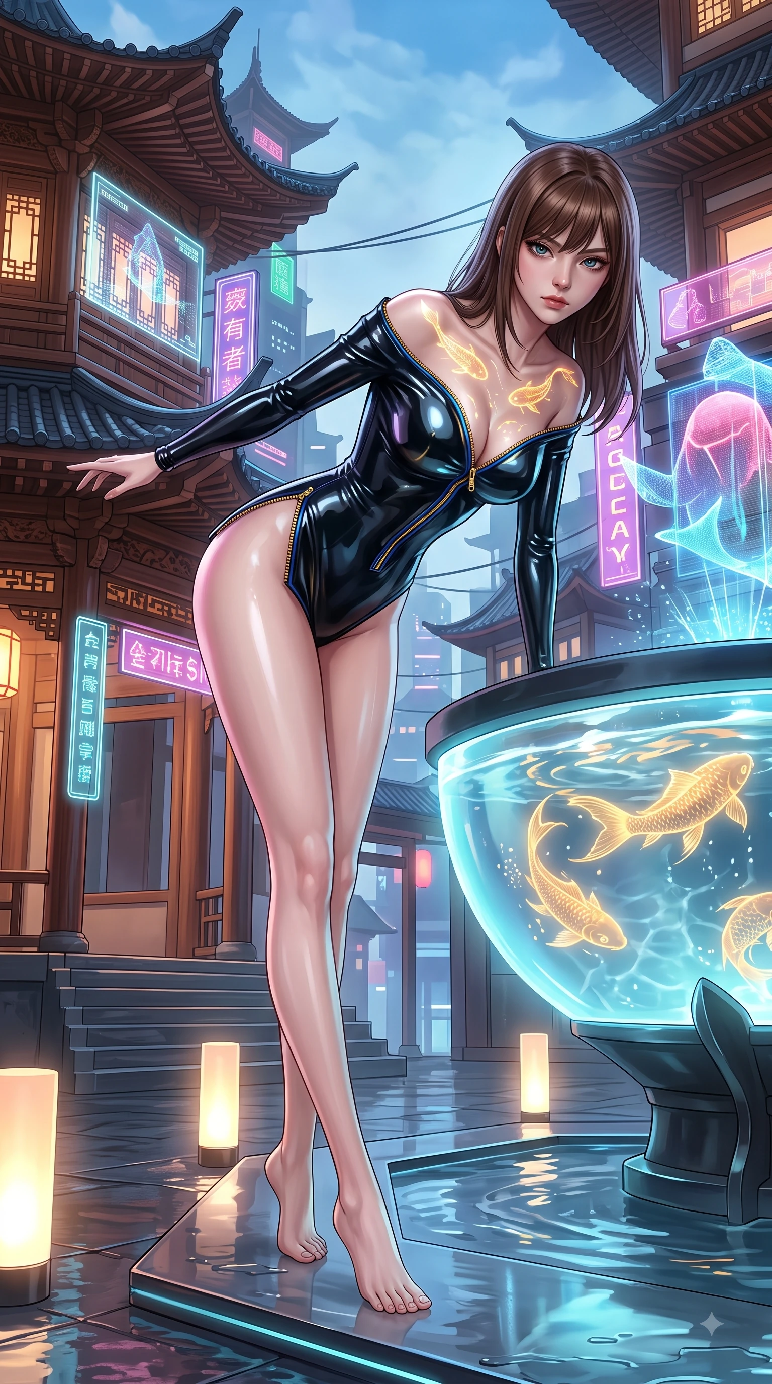 score_9, masterpiece, best quality, ultra-detailed, high-budget anime keyframe, semi-realistic 3D game render, editorial fashion photography, tasteful artistic composition, Korean woman. low angle full-body shot from head to toe showing her feet, filling the entire 9:16 vertical frame with her statuesque presence, stretching her vertical silhouette. performing an alluring mid-air vault with flawless poise, looking directly into the camera with smoldering intensity while leaning over a glowing water basin as golden digital fish ripple light across her clavicle and chest. The surrounding environment is rendered in vivid detail and crisp panoramic clarity. fusion of traditional oriental architecture and sleek cyberpunk elements in high resolution. She has an absolutely perfect, statuesque 8.5-heads proportion, an exceptionally tall and slender model-like female figure with impossibly long slender legs and an ultra-slim waist. sharp v-shaped jawline, high-bridge nose, intricate jewel-like eyes with depth, thick eyelashes, glossy lips with a natural sheen, flawlessly proportioned anatomical accuracy, natural body alignment, perfectly sculpted elegant limbs, clean dynamic posture without body distortion. wearing a glossy black second-skin latex bodysuit with high-thigh cuts, exposed clavicle neckline, and gleaming zipper details in midnight sapphire blue and glowing gold filaments, crafted from ultra-reflective second-skin latex with a glass-like polish, finished with an ultra-high side slit secured by miniature magnetic clasps, the liquid-tight fabric adhering flawlessly to her sculpted torso and slender silhouette. illuminated by soft glowing floor uplights and sharp specular highlights on wet lacquer. highly saturated vibrant anime colors, detailed shading with soft gradients, rich glossy textures, high-contrast stereoscopic depth, volumetric dynamic lighting, master piece, 9:16 ratio