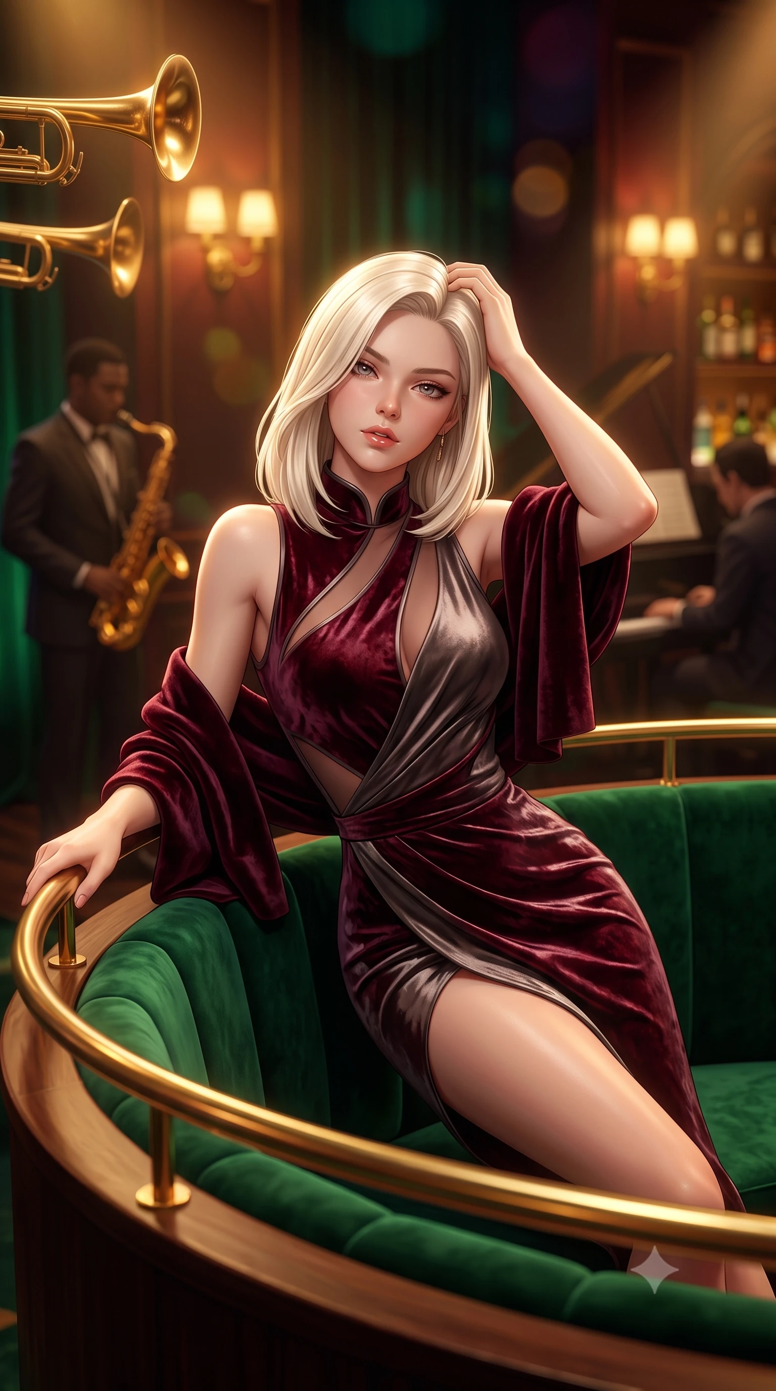 score_9, masterpiece, best quality, ultra-detailed, high-budget anime keyframe, semi-realistic 3D game render, editorial fashion photography, tasteful artistic composition, Caucasian woman. close-up cowboy shot from the waist and thighs up, the character dominates the composition, filling the frame with her large presence. leaning forward against the polished railing with her hips cocked back, creating an intoxicating curve from her narrow waist to sculpted hips as she gazes back into the lens while reclining languidly in an oversized emerald velvet circular booth, running fingers through her glossy hair as saxophone melodies drift. The composition keeps background elements in soft focus with creamy bokeh. golden jazz trumpet bells and glowing wall sconces blurred into warm whiskey-gold, deep emerald, and burgundy bokeh. She has an exceptionally elegant, slender, and willowy female figure with an ultra-slim waist, flat toned midriff, narrow ribcage, and sculpted feminine hips creating an alluring, slim hourglass silhouette without bulk. sharp v-shaped jawline, high-bridge nose, intricate jewel-like eyes with depth, thick eyelashes, glossy parted lips with a natural sheen, intensely captivating and seductive bedroom-eyes expression, flawlessly proportioned anatomical accuracy, strict slender model proportions, natural body alignment, perfectly sculpted long slender limbs, ultra-slim waistline, clean dynamic posture without body distortion. wearing a wet-look silk fusion wrap dress with asymmetrical sheer mesh cutouts and high Mandarin collar in deep wine burgundy and brushed dark platinum, crafted from heavyweight crushed silk velvet with liquid vintage luster, complemented by a plush velvet shawl draped loosely over her elbows, the glove-like aerodynamic silhouette tightly following the natural contour of her hips and long slender legs with statuesque 8.5-heads elegance. bathed in warm amber incandescent spotlight beams and soft emerald velvet perimeter glow. highly saturated vibrant anime colors, detailed shading with soft gradients, rich glossy textures, high-contrast stereoscopic depth, volumetric dynamic lighting, master piece, 9:16 ratio