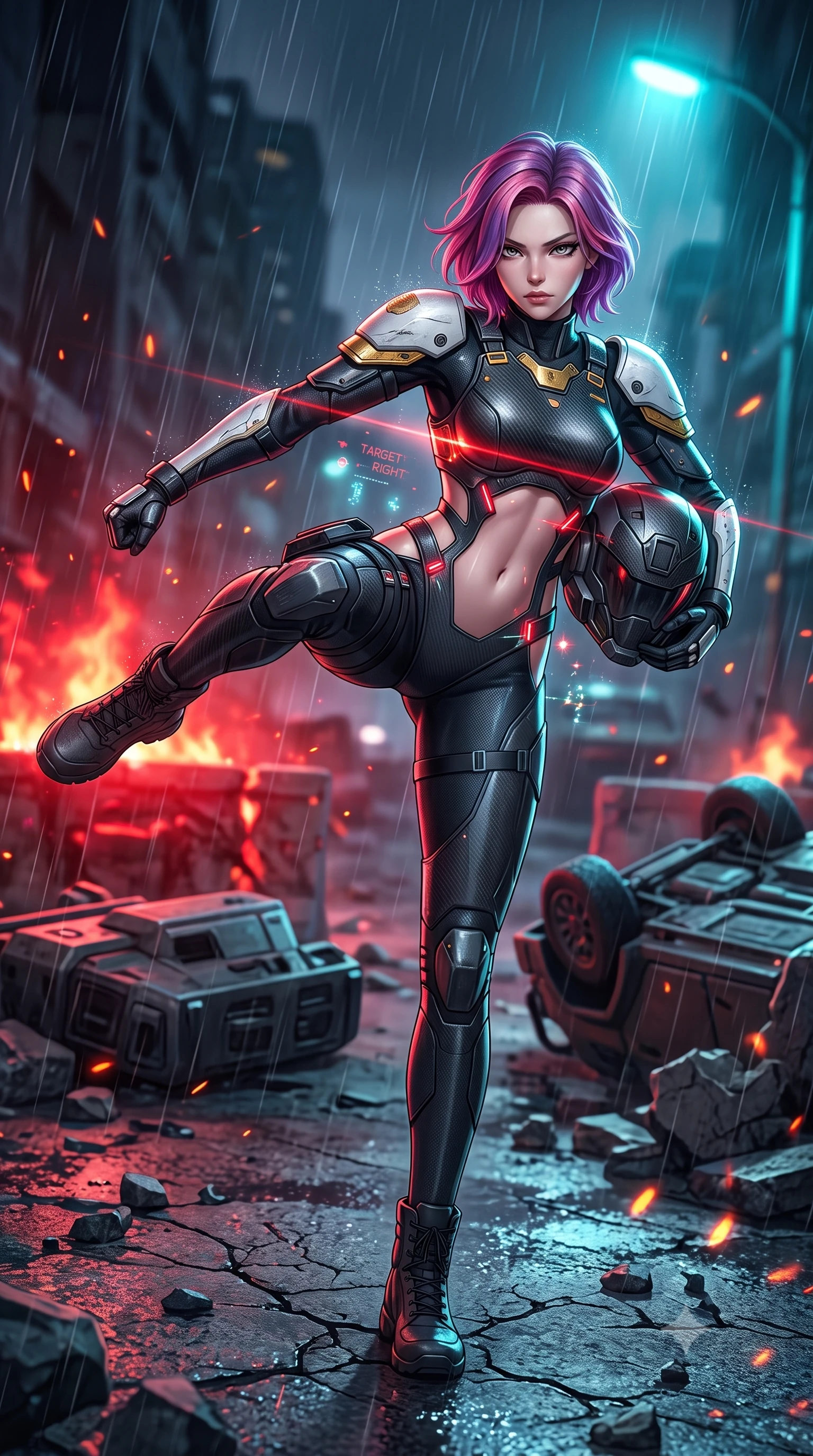 score_9, masterpiece, best quality, ultra-detailed, high-budget anime keyframe, semi-realistic 3D game render, editorial fashion photography, tasteful artistic composition, Caucasian woman. low angle full-body shot from head to toe showing her feet, filling the entire 9:16 vertical frame with her statuesque presence, stretching her vertical silhouette. pivoting dynamically in a high-speed low sweep kick along the cracked concrete, her athletic torso and ultra-slim waist twisting in a fluid arc of power while pivoting dynamically across overturned armored transports as red laser targeting sights sweep across her athletic torso. The composition keeps background elements in soft focus with creamy bokeh. drifting fire embers and holographic HUD motes scattering radiant glints across a dark urban warzone. She has an absolutely perfect, statuesque 8.5-heads proportion, an exceptionally tall and slender model-like female figure with impossibly long slender legs, a toned flat midriff, and an ultra-slim waist. sharp v-shaped jawline, high-bridge nose, intricate jewel-like eyes with depth, thick eyelashes, glossy lips with a natural sheen, fierce and resolute heroine expression, flawlessly proportioned anatomical accuracy, strict slender model proportions, natural body alignment, perfectly sculpted long slender limbs, ultra-slim waistline, clean dynamic posture without body distortion. holding a modular carbon battle-helmet under one arm, her flawless face and sculpted neck exposed to the rain with determined warrior focus, paired with a heavy modular carbon-fiber combat cuirass paired with a second-skin tactical leotard and reinforced titanium shoulder pauldrons in arctic white carbon composite with scratched solar gold armor plating, crafted from ultra-strong woven carbon-fiber composite with battle-tested satin luster, reinforced by a heavy-duty titanium tactical harness and glowing micro-energy status straps, the precision-cut daring openings accentuating her delicate midriff, graceful bare collarbones, and ultra-slim feminine waistline. bathed in blazing crimson barricade fire glow and high-contrast electric cyan streetlamp rim lights. rich saturated anime colors with glowing neon highlights, detailed shading with soft gradients, rich glossy textures, high-contrast stereoscopic depth, volumetric dynamic lighting, master piece, 9:16 ratio