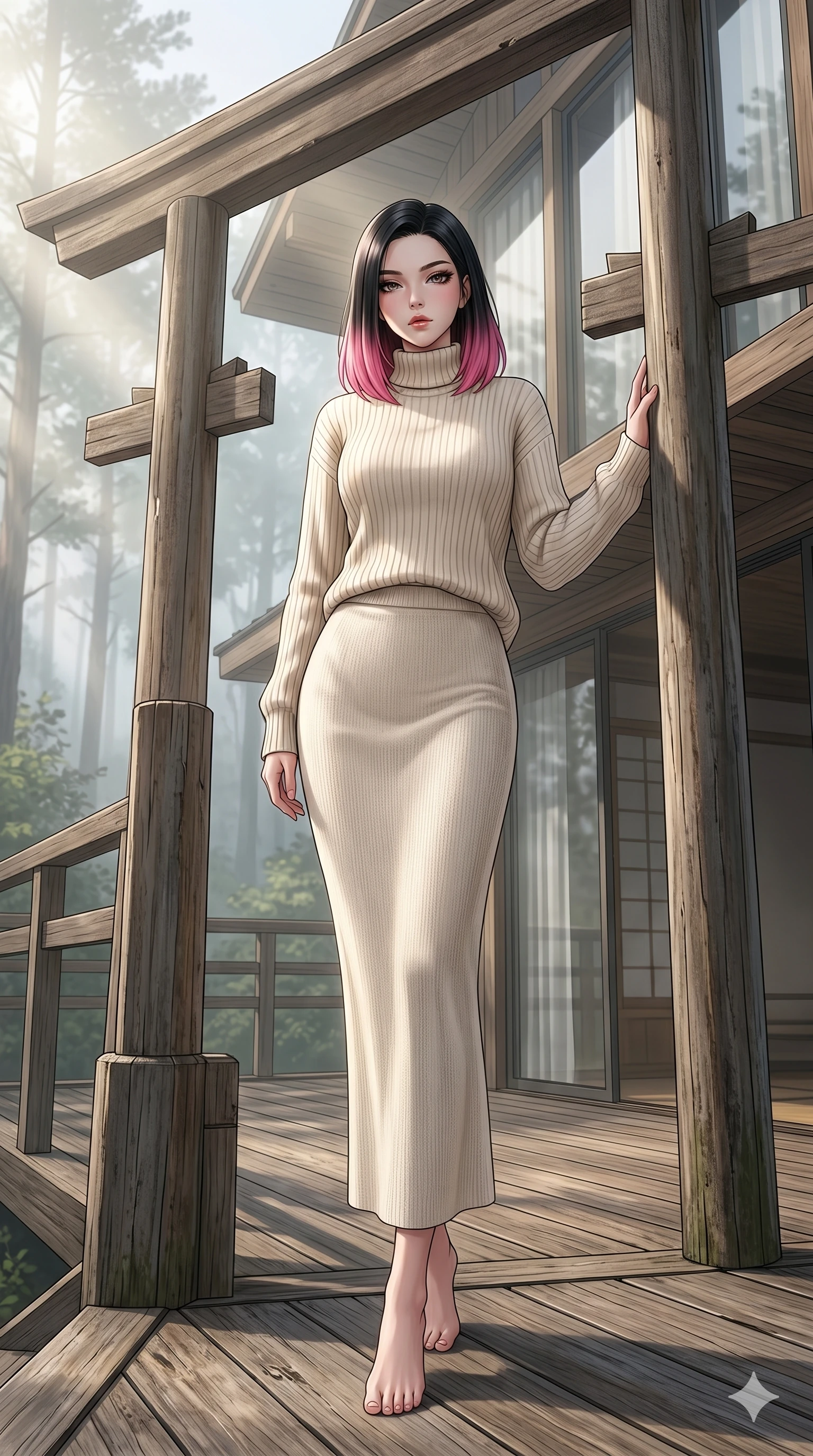 score_9, masterpiece, best quality, ultra-detailed, high-budget anime keyframe, editorial fashion photography, tasteful artistic composition, Korean woman. low angle full-body shot from head to toe showing her feet, filling the entire 9:16 vertical frame with her statuesque presence, stretching her vertical silhouette. resting one hand on a wooden torii gate, casting a bedroom-eyes gaze directly at the lens on a private teak deck of a luxury forest villa with morning mist (Code-P18-030). She has an absolutely perfect 8-heads proportion, an exceptionally tall and slender female figure with impossibly long slender legs and an ultra-slim waist. V-shaped jawline, high-bridge nose, intricate jewel-like eyes with depth, thick eyelashes, glossy lips with a natural sheen. wearing a high-neck cozy ribbed sweater with a matching long knit skirt. drenched in soft morning sunbeams flowing from a high window, creating a serene mood. 2k, ultra detail, master piece, 9:16 ratio