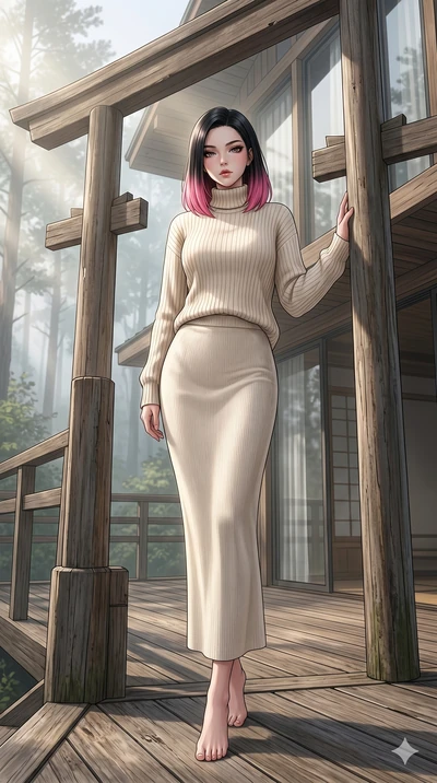 score_9, masterpiece, best quality, ultra-detailed, high-budget anime keyframe, editorial fashion photography, tasteful artistic composition, Korean woman. low angle full-body shot from head to toe showing her feet, filling the entire 9:16 vertical f