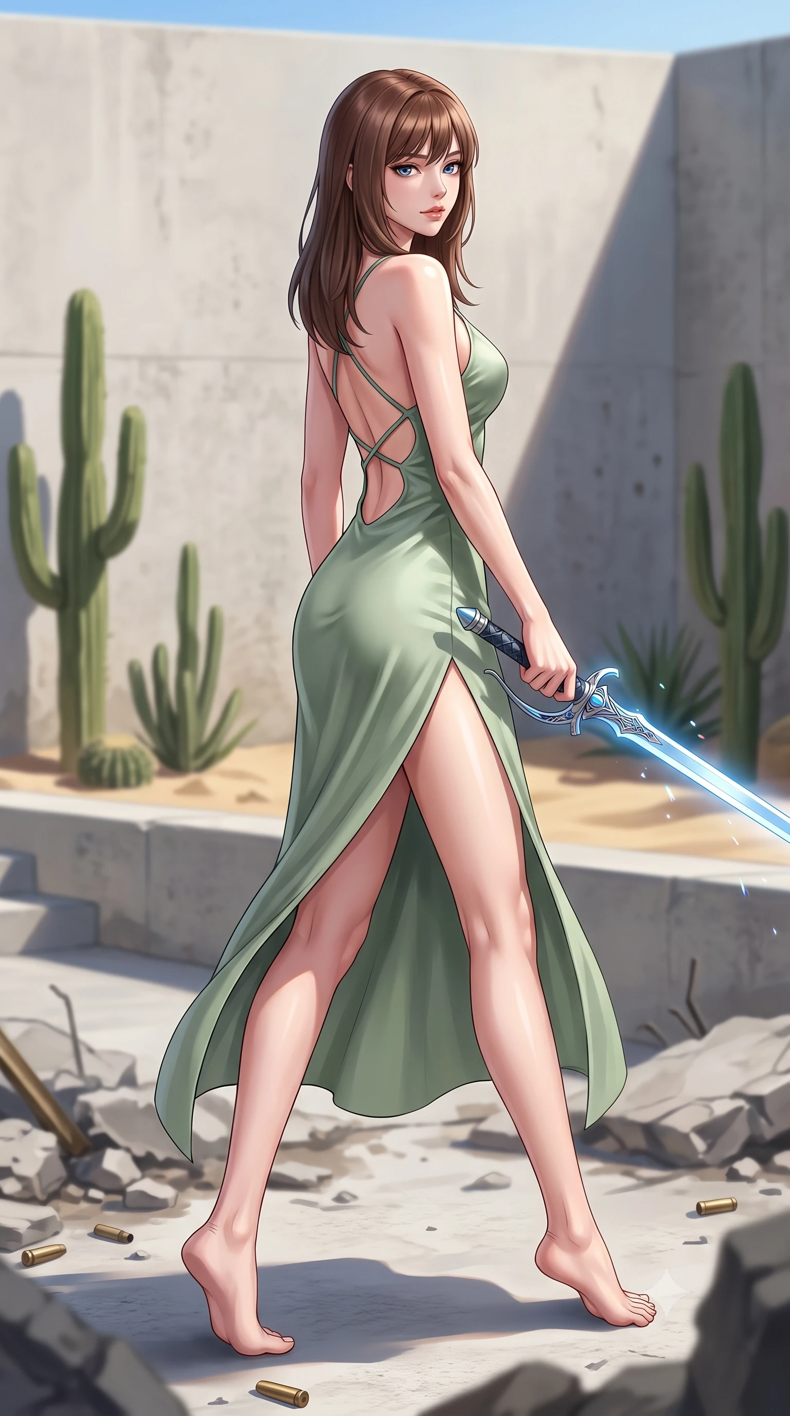 score_9, masterpiece, best quality, ultra-detailed, high-budget anime keyframe, editorial fashion photography, tasteful artistic composition, Korean woman. low angle full-body shot from head to toe showing her feet, filling the entire 9:16 vertical frame with her statuesque presence, stretching her vertical silhouette. stepping gracefully through battlefield debris with a glowing saber hilt in hand, looking back over her shoulder, the background shows a soft-focus a concrete desert patio with minimalist cacti and sand landscaping. She has an absolutely perfect, statuesque 8.5-heads proportion, an exceptionally tall and slender model-like female figure with impossibly long slender legs and an ultra-slim waist. sharp v-shaped jawline, high-bridge nose, intricate jewel-like eyes with depth, thick eyelashes, glossy lips with a natural sheen. wearing a slim-fit lightweight silk combat slip dress in sage green, featuring a high side slit and a low-cut back. bright midday sun rays creating clean, sharp shadows and reflections. highly saturated vibrant anime colors, detailed shading with soft gradients, rich glossy textures, high-contrast stereoscopic depth, volumetric dynamic lighting, master piece, 9:16 ratio