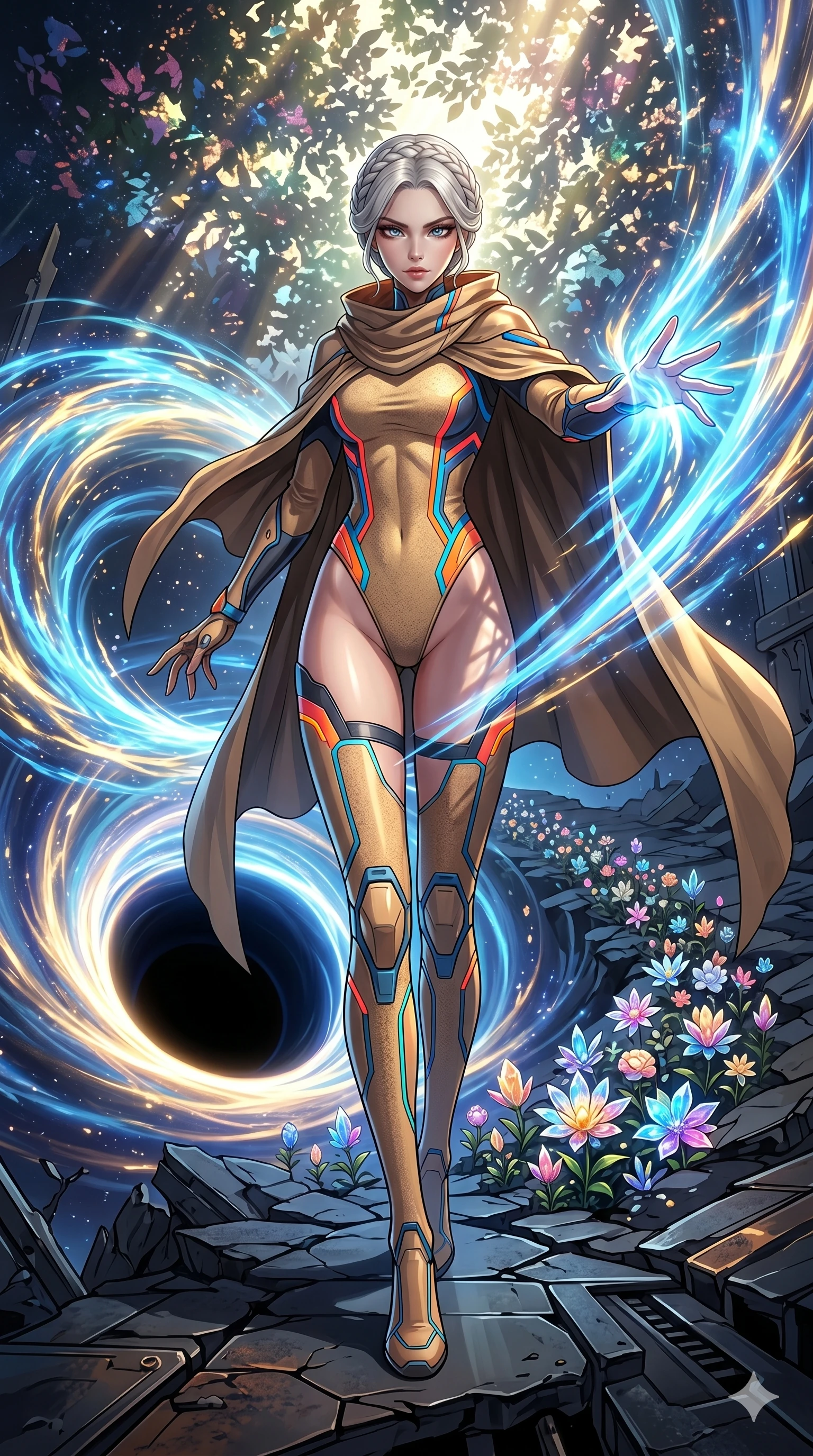 score_9, masterpiece, best quality, ultra-detailed, Set A: High-budget Anime Keyframe, Japanese woman. Low angle cowboy shot filling the entire 9:16 frame with her statuesque presence. Theme: Urban Decay. unleashing a massive energy wave in the edge of a black hole, while she leaves a trail of 276 blooming crystal flowers. The atmosphere is filled with cinematic sunlight through leaves. She has an absolutely perfect 8-heads proportion, an exceptionally tall and slender female figure with impossibly long slender legs and an ultra-slim waist. Sharp v-shaped jawline, high-bridge nose, intricate jewel-like eyes with depth, glossy lips. Wearing Desert-nomad tech-cloak over a high-cut sandy-textured bodysuit with neon accents. Cinematic lighting, vivid colors, dramatic shadows, 2k, ultra detail, master piece, 9:16 ratio
