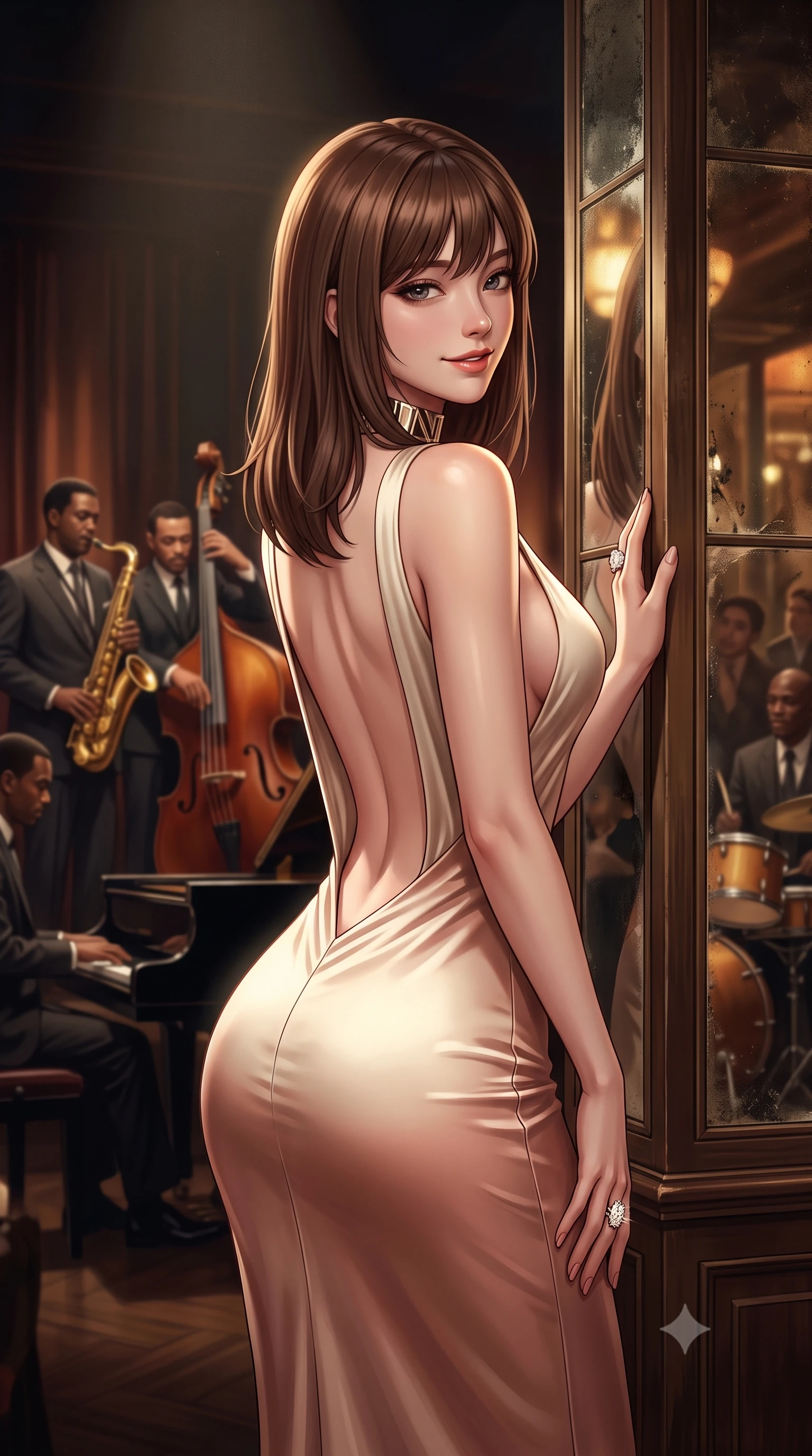 score_9, masterpiece, best quality, ultra-detailed, high-budget anime keyframe, semi-realistic 3D game render, editorial fashion photography, tasteful artistic composition, Korean woman. close-up cowboy shot from the waist and thighs up, the character dominates the composition, filling the frame with her large presence. turning over a bare shoulder with an intoxicating, teasing smile, her soft hair framing her sharp jawline as her hips angle gracefully while leaning back against an antique mirrored column with hips cocked, casting a smoky, seductive bedroom-gaze past the jazz quartet. The surrounding environment is rendered in vivid detail and crisp panoramic clarity. intense atmospheric jazz-noir chiaroscuro and sophisticated speakeasy romance aesthetics in precision. She has an exceptionally elegant, slender, and willowy female figure with an ultra-slim waist, flat toned midriff, narrow ribcage, and sculpted feminine hips creating an alluring, slim hourglass silhouette without bulk. sharp v-shaped jawline, high-bridge nose, intricate jewel-like eyes with depth, thick eyelashes, glossy parted lips with a natural sheen, intensely captivating and seductive bedroom-eyes expression, flawlessly proportioned anatomical accuracy, strict slender model proportions, natural body alignment, perfectly sculpted long slender limbs, ultra-slim waistline, clean dynamic posture without body distortion. wearing a liquid-silk jersey evening gown with an ultra-deep plunging open back descending to the base of her spine and a sculpted hip-hugging skirt in vintage champagne ivory and delicate rose gold, tailored from ultra-smooth duchess satin with a pearlescent sheen, complemented by a bold geometric choker and sparkling cocktail ring, the dramatically scooped open back descending to the base of her spine, accentuating her razor-sharp statuesque lines and slim hourglass silhouette. surrounded by a sultry, scandalous, and irresistibly intoxicating jazz-age siren aura. highly saturated vibrant anime colors, detailed shading with soft gradients, rich glossy textures, high-contrast stereoscopic depth, volumetric dynamic lighting, master piece, 9:16 ratio