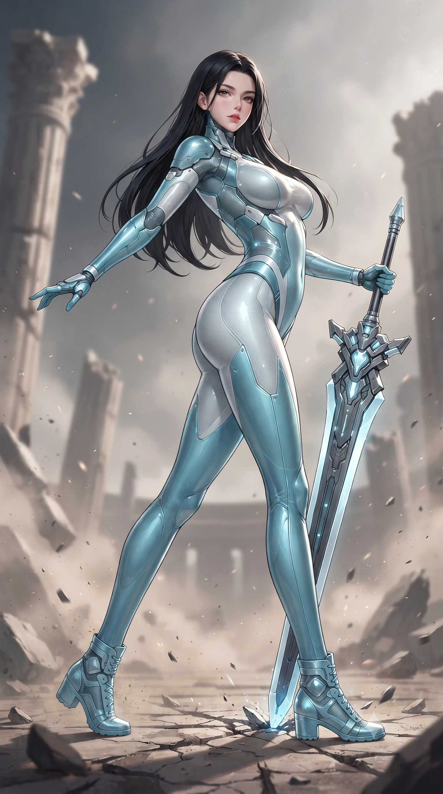 score_9, masterpiece, best quality, ultra-detailed, high-budget anime keyframe, editorial fashion photography, tasteful artistic composition, Korean woman. low angle full-body shot from head to toe showing her feet, filling the entire 9:16 vertical frame with her statuesque presence, stretching her vertical silhouette. arching her spine in a fluid zero-gravity combat turn with sovereign grace, her long slender legs and sculpted torso creating a sweeping line of power while pivoting dynamically as she plants the colossal greatsword tip into the ground, leaning on the hilt with sovereign poise. The composition keeps background elements in soft focus with creamy bokeh. shattered arena pillars and rising dust motes softened in dramatic shallow depth of field. She has an absolutely perfect, statuesque 8.5-heads proportion, an exceptionally tall and slender model-like female figure with impossibly long slender legs, a toned flat midriff, and an ultra-slim waist. sharp v-shaped jawline, high-bridge nose, intricate jewel-like eyes with depth, thick eyelashes, glossy lips with a natural sheen, flawlessly proportioned anatomical accuracy, strict slender model proportions, natural body alignment, perfectly sculpted long slender limbs, ultra-slim waistline, clean dynamic posture without body distortion. wearing an ultra-sleek glacial-cyan and white carbon-mesh combat bodysuit with frost-resistant plating, holding a glowing high-frequency cryo-energy spear with commanding poise in glacial ice-cyan carbon mesh with pure white armor plates, crafted from semi-translucent cybernetic carbon-vinyl interwoven with glowing micro-filaments, finished with high-mobility articulation joints and miniature magnetic armor locks, the glove-like aerodynamic second-skin fit tightly clinging to her ultra-slender waist and athletic curves without adding bulk, accentuating her razor-sharp statuesque lines and slim hourglass silhouette. surrounded by an invincible, royal, and fiercely captivating cyber-gladiator empress aura. ultra-reflective glossy finish, specular highlights, dark metallic sheen, high-contrast stereoscopic depth, volumetric dynamic lighting, 2k, ultra detail, master piece, 9:16 ratio