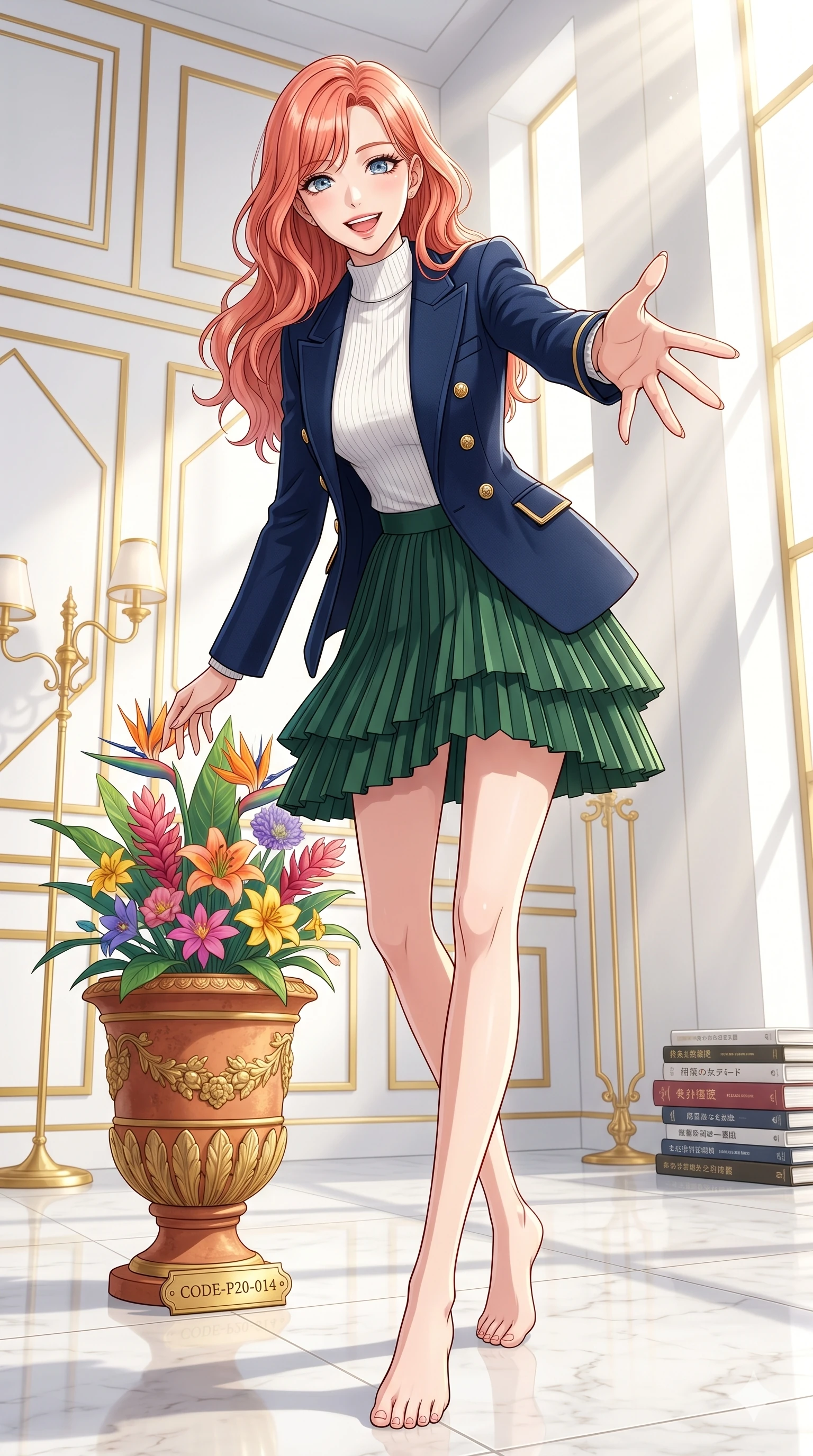 score_9, masterpiece, best quality, ultra-detailed, high-budget anime keyframe, vibrant anime aesthetic, Japanese woman. low angle full-body shot from head to toe showing her feet, filling the entire 9:16 vertical frame with her statuesque presence, stretching her vertical silhouette. She is standing by a flower pot, smiling brightly while reaching out a hand playfully inside a high-fashion photography studio with a bright white and gold setup (Code-P20-014). She has an absolutely perfect 8-heads proportion, an exceptionally tall and slender female figure with impossibly long slender legs and an ultra-slim waist. V-shaped jawline, high-bridge nose, intricate jewel-like eyes with depth, thick eyelashes, glossy lips with a natural sheen. wearing a structured designer jacket over a high-neck cotton top and pleated skirt. She is illuminated by bright, direct sunbeams in a photography studio, creating clean outlines. 2k, ultra detail, master piece, 9:16 ratio