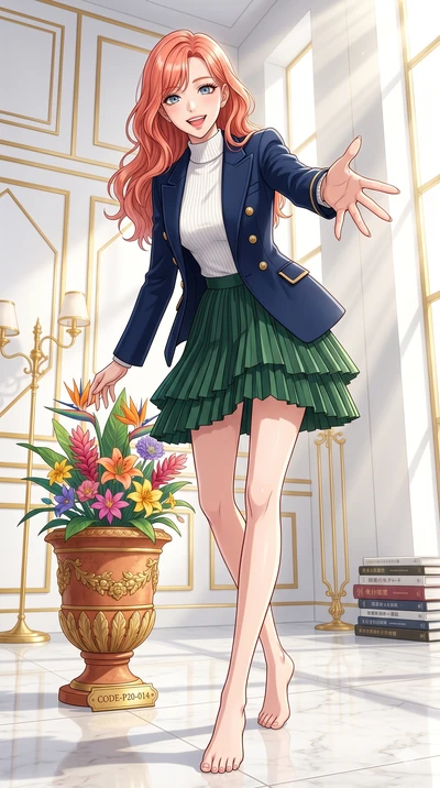 score_9, masterpiece, best quality, ultra-detailed, high-budget anime keyframe, vibrant anime aesthetic, Japanese woman. low angle full-body shot from head to toe showing her feet, filling the entire 9:16 vertical frame with her statuesque presence, 