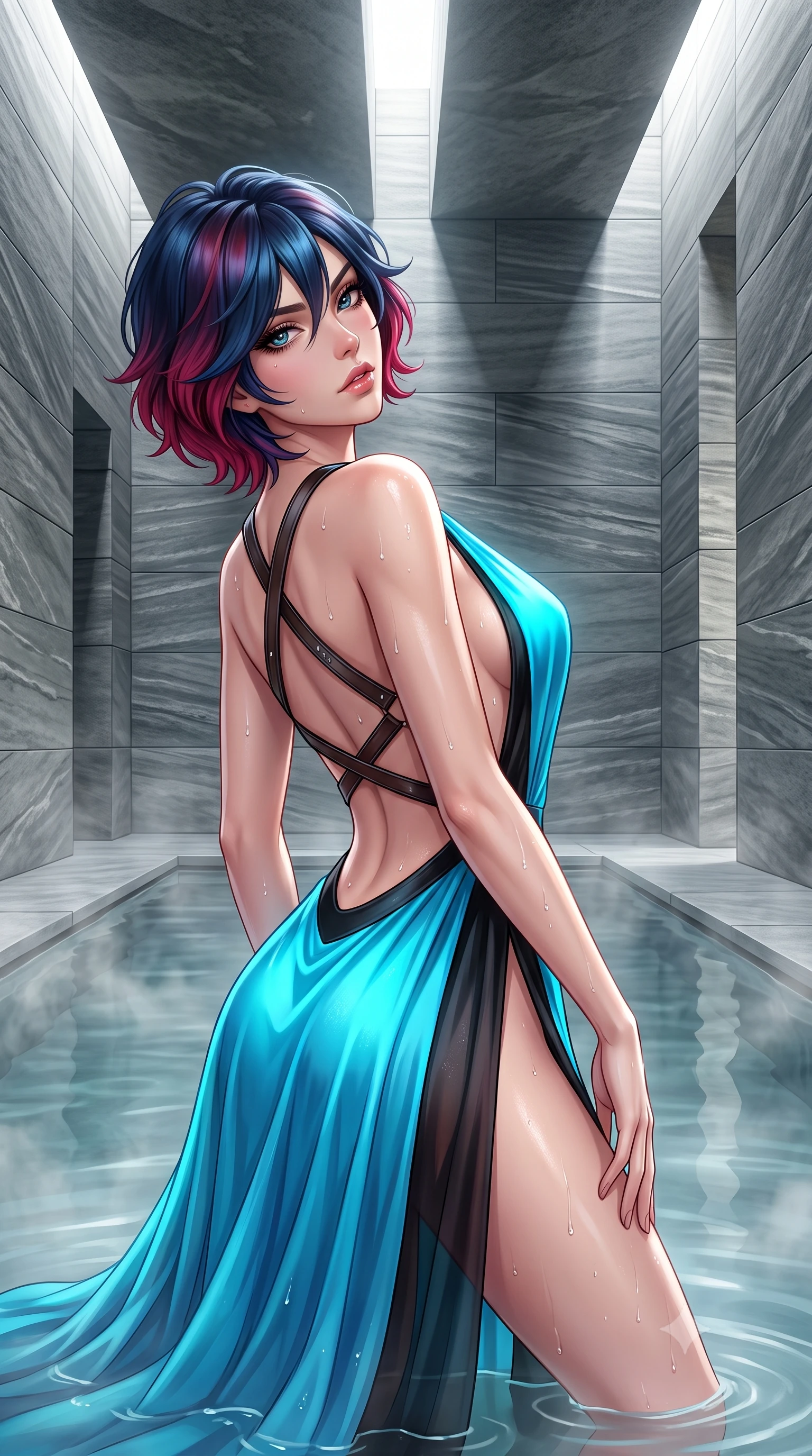 score_9, masterpiece, best quality, ultra-detailed, high-budget anime keyframe, semi-realistic 3D game render, editorial fashion photography, tasteful artistic composition, Korean woman. close-up cowboy shot from the waist and thighs up, the character dominates the composition, filling the frame with her large presence. leaning back with relaxed seductive grace, her sculpted collarbones and narrow waist highlighted as she casts smoldering bedroom-eyes directly into the camera while wading through the steaming mineral thermal pool surrounded by monumental layered grey quartzite stone slabs, arching her lower back with serene supermodel grace. The surrounding environment is rendered in vivid detail and crisp panoramic clarity. detailed swimwear or sheer wrap texture, glistening moisture droplets on skin, and Zumthor architectural lines in high resolution. She has an exceptionally elegant, slender, and willowy female figure with an ultra-slim waist, flat toned midriff, narrow ribcage, and sculpted feminine hips creating an alluring, slim hourglass silhouette without bulk. sharp v-shaped jawline, high-bridge nose, intricate jewel-like eyes with depth, thick eyelashes, glossy parted lips with a natural sheen, intensely captivating and seductive bedroom-eyes expression, flawlessly proportioned anatomical accuracy, strict slender model proportions, natural body alignment, perfectly sculpted long slender limbs, ultra-slim waistline, clean dynamic posture without body distortion. wearing a plunging-V neckline duchess satin gown with high side slits ascending to the high hip in neon electric cyan and lacquer black, woven from layered gossamer chiffon with a weightless sweeping drape, featuring an open-back criss-cross harness strap in dark leather, the precision-cut side openings and low-back scoop framing her graceful spine and the sensual sweep of her slim, toned hips. bathed in dramatic narrow directional light beams cutting through ceiling fissures into the steaming stone chamber. highly saturated vibrant anime colors, detailed shading with soft gradients, rich glossy textures, high-contrast stereoscopic depth, volumetric dynamic lighting, master piece, 9:16 ratio