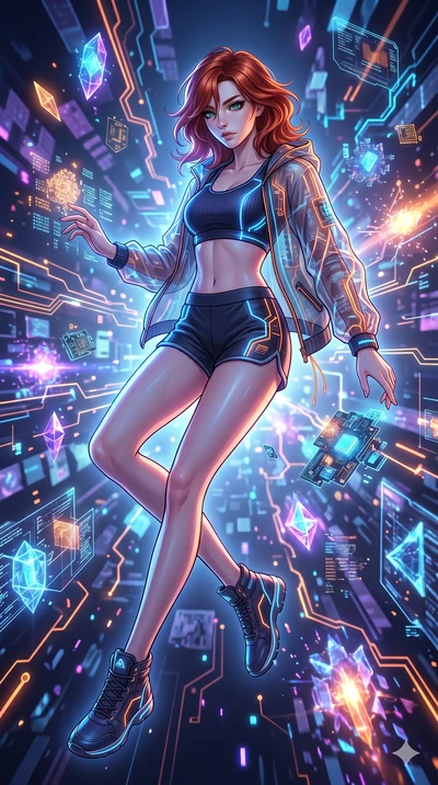 score_9, masterpiece, best quality, ultra-detailed, Set A: High-budget Anime Keyframe, Korean woman. Low angle cowboy shot filling the entire 9:16 frame with her statuesque presence. Floating through a virtual reality void, as gravity fails and every