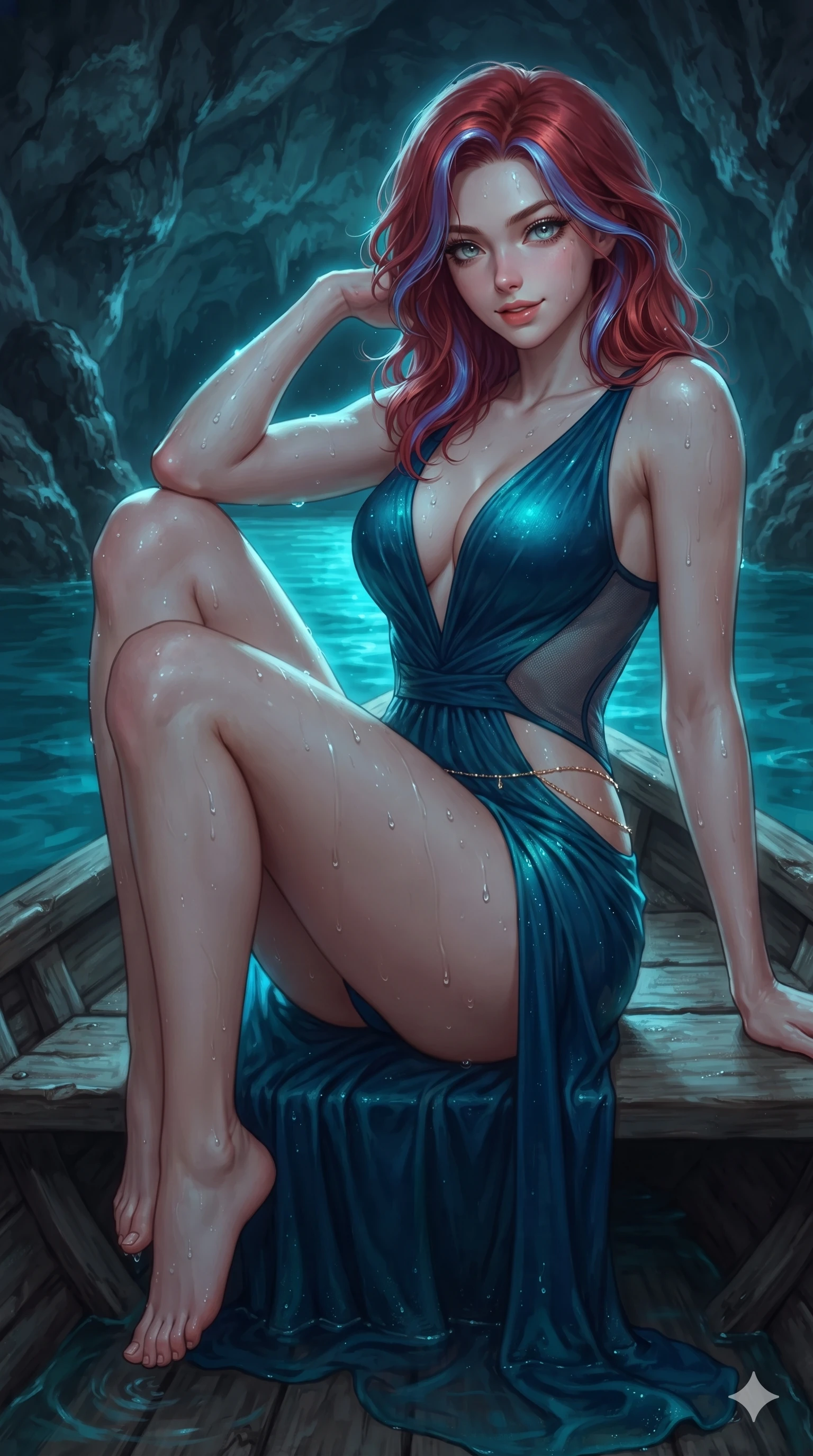 score_9, masterpiece, best quality, ultra-detailed, high-budget anime keyframe, editorial fashion photography, tasteful artistic composition, Caucasian woman. close-up cowboy shot from the waist and thighs up, the character dominates the composition, filling the frame with her large presence. perched sideways on the lounge seat, one knee drawn up to showcase her slender leg line while her arched back accentuates her feminine hip curve while lounging in the wooden skiff propped on one elbow, her flat midriff and long slender legs bathed in ethereal subterranean electric-blue light. The surrounding environment is rendered in vivid detail and crisp panoramic clarity: detailed second-skin wet-look swimwear, water droplet beads on skin, and natural sea cavern geology in high resolution. She has an exceptionally elegant, slender, and willowy female figure with an ultra-slim waist, flat toned midriff, narrow ribcage, and sculpted feminine hips creating an alluring, slim hourglass silhouette without bulk. sharp v-shaped jawline, high-bridge nose, sparkling eyes with hypnotic seductive depth, thick curled eyelashes, glossy parted lips with a natural dewy peach sheen, alluring bedroom-eyes with an enchanting coquettish smile, exuding magnetic siren charisma and sophisticated glamour, flawlessly proportioned anatomical accuracy, strict slender model proportions, natural body alignment, perfectly sculpted long slender limbs, ultra-slim waistline, clean dynamic posture without body distortion. wearing an alluring plunging sweetheart bodice dress with sheer mesh side-waist cutouts contouring her ribs in deep Capri grotto sapphire and glowing electric teal, tailored from heavy double-faced silk georgette with an exceptionally fluid drape, accented with a dainty gold belly chain resting across her flat midriff and curving hips, the liquid-tight tailored fabric clinging flawlessly to her narrow waist and rounded feminine hips, emphasizing every millimeter of her sculpted slim hourglass curves without any bulky heaviness. illuminated by glowing water bounce and sharp cyan-teal rim lights defining her razor-sharp jawline, narrow waist, and curvy hips against dark cavern stone. ultra-reflective glossy finish, specular highlights, rich textural contrasts, high-contrast stereoscopic depth, volumetric dynamic lighting, 2k, ultra detail, master piece, 9:16 ratio