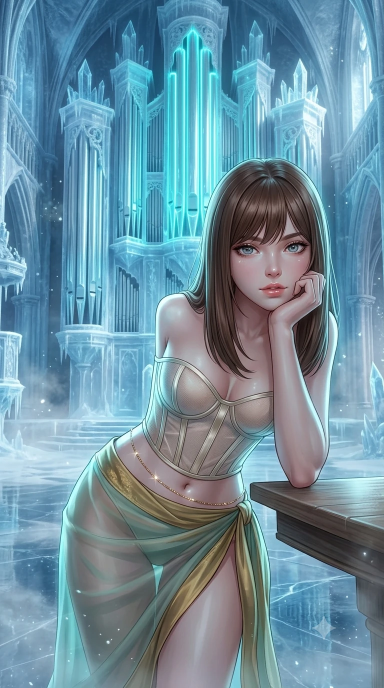 score_9, masterpiece, best quality, ultra-detailed, high-budget anime keyframe, semi-realistic 3D game render, editorial fashion photography, tasteful artistic composition, Korean woman. close-up cowboy shot from the waist and thighs up, the character dominates the composition, filling the frame with her large presence. resting one elbow on the table and supporting her chin, leaning close to the camera with heavy-lidded sparkling eyes and parted lips while standing poised at the center of the frozen cathedral stage beneath monumental ice-crystal pipe organs, arching her lower back with sovereign diva charisma as cyan neon aria lights pulse rhythmically. The surrounding environment is rendered in vivid detail and crisp panoramic clarity: sharp ice crystal organ fluting, frost dendrite fractures on polished stone stage, and crisp neon tube contours in deep focus. She has an exceptionally elegant, slender, and willowy female figure with an ultra-slim waist, flat toned midriff, narrow ribcage, and sculpted feminine hips creating an alluring, slim hourglass silhouette without bulk. sharp v-shaped jawline, high-bridge nose, intricate jewel-like sparkling eyes with depth, thick eyelashes, glossy parted lips with a natural peach sheen, bright cheerful beaming smile with an enchanting and coquettish sensual glint, exuding both youthful cute charm and seductive allure, flawlessly proportioned anatomical accuracy, strict slender model proportions, natural body alignment, perfectly sculpted long slender limbs, ultra-slim waistline, clean dynamic posture without body distortion. wearing a provocative translucent mesh corset bodice with boned satin channels paired with a sheer chiffon wrap skirt in celadon jade and antique gold-leaf, tailored from high-gloss patent leather with mirror-like specular highlights, accented with a dainty gold belly chain resting across her flat midriff and curving hips, the precision-cut side openings and low-back scoop framing her graceful spine and the sensual sweep of her slim, toned hips. illuminated by polished ice stage reflection bounce and sharp cyan-silver rim lights sculpting her jawline, narrow waist, and curvy hips. highly saturated vibrant anime colors, detailed shading with soft gradients, rich glossy textures, high-contrast stereoscopic depth, volumetric dynamic lighting, master piece, 9:16 ratio
