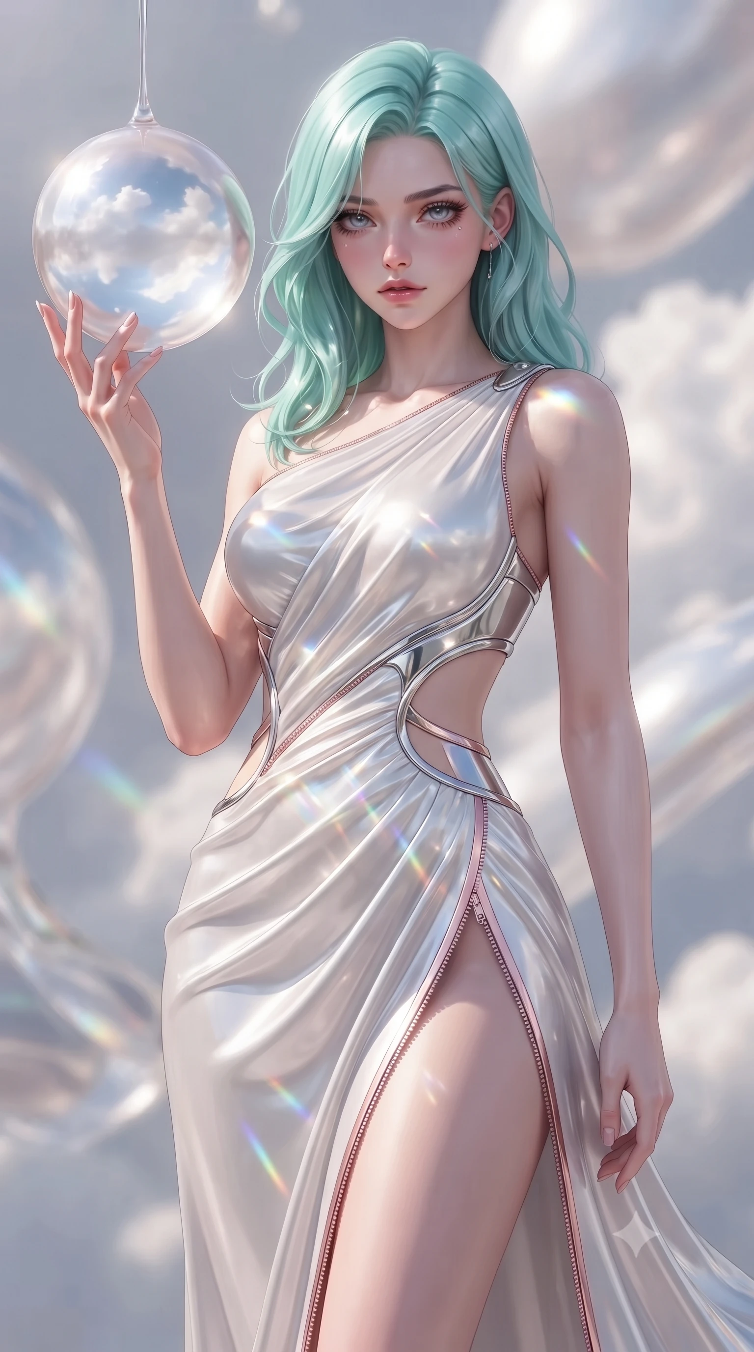 score_9, masterpiece, best quality, ultra-detailed, high-budget anime keyframe, editorial fashion photography, tasteful artistic composition, Japanese woman. close-up cowboy shot from the waist and thighs up, the character dominates the composition, filling the frame with her large presence, background elements kept in soft focus. Casting a slow, direct gaze beneath heavy lashes with quiet intensity, touching a suspended sphere of liquid pearl reflecting a bright sky full of clouds, prismatic reflections dancing across her outfit with liquid motion paths. She has an exceptionally elegant, slender, and willowy female figure with an ultra-slim waist, a gracefully sculpted slender torso, and a refined silhouette. sharp v-shaped jawline, high-bridge nose, intricate jewel-like eyes with depth, thick eyelashes, glossy lips with a natural sheen. wearing draped white silk gown featuring graceful waist cutouts and thigh slit in rose-gold pink, made of sculpted platinum chrome, finished with metallic gold boning and sleek zipper points, highlighting her statuesque proportions and ultra-slim waistline. illuminated by ultra-bright specular highlights reflecting off liquid pearl. ultra-reflective glossy finish, specular highlights, metallic sheen, high-contrast stereoscopic depth, volumetric dynamic lighting, 2k, ultra detail, master piece, 9:16 ratio