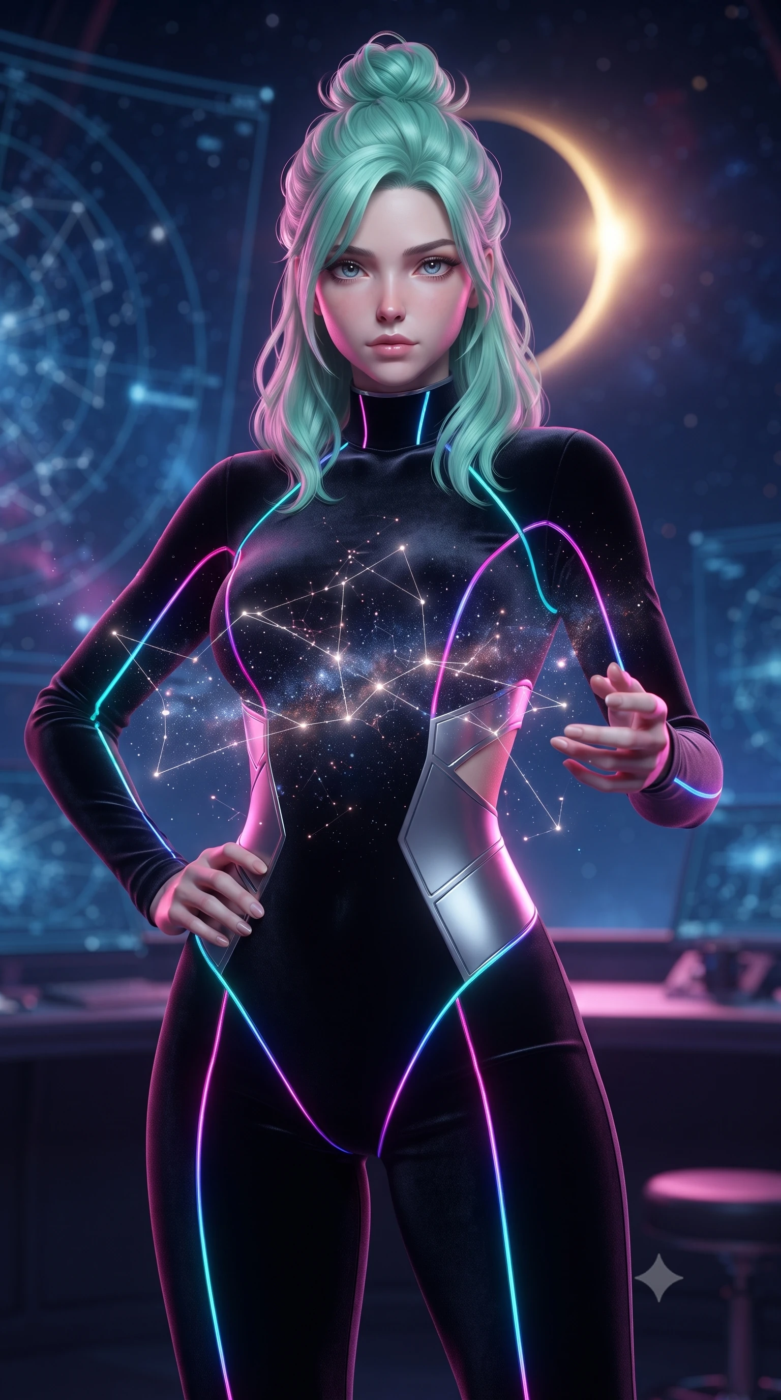 score_9, masterpiece, best quality, ultra-detailed, high-budget anime keyframe, editorial fashion photography, tasteful artistic composition, Japanese woman. close-up cowboy shot from the waist and thighs up, the character dominates the composition, filling the frame with her large presence, background elements kept in soft focus. Holding a confident power pose with one hand on her hip, gazing directly into the camera with quiet intensity navigating a constellation map woven from starlight threads, a cosmic eclipse casting brilliant golden rim highlights. She has an exceptionally elegant, slender, and willowy female figure with an ultra-slim waist, a gracefully sculpted slender torso, and a refined silhouette. sharp v-shaped jawline, high-bridge nose, intricate jewel-like eyes with depth, thick eyelashes, glossy lips with a natural sheen. wearing a skin-tight cybernetic bodysuit with glowing neon seams and side cutouts in matte black and polished silver, made of premium stretch velvet with a rich sheen, featuring subtle geometric cutouts that highlight her ultra-slim midriff, the sleek second-skin texture accentuating her magnetic presence. bathed in radiant cosmic pink and deep navy blue ambient light. highly saturated vibrant anime colors, detailed shading with soft gradients, rich glossy textures, high-contrast stereoscopic depth, volumetric dynamic lighting, master piece, 9:16 ratio