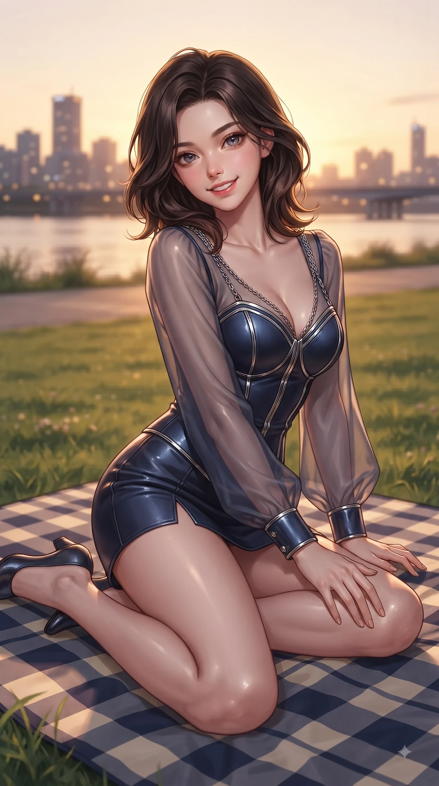 score_9, masterpiece, best quality, ultra-detailed, high-budget anime keyframe, editorial fashion photography, tasteful artistic composition, Korean woman. close-up cowboy shot from the waist and thighs up, the character dominates the composition, filling the frame with her large presence, background elements kept in soft focus. Youthful bright smile exuding pure cute charm and fresh energy, her torso turning dynamically into the lens while sitting playfully on a checkered picnic mat on a green riverfront park lawn at sunset, city skyline silhouettes twinkling softly in the warm sunset glow. She has an exceptionally elegant, slender, and willowy female figure with an ultra-slim waist, a gracefully sculpted slender torso, and a refined silhouette. sharp v-shaped jawline, high-bridge nose, intricate jewel-like eyes with depth, thick eyelashes, glossy lips with a natural sheen, flawlessly proportioned anatomical accuracy, natural body alignment, perfectly sculpted elegant limbs, clean dynamic posture without body distortion. wearing a tailored leather bustier over a sheer silk chiffon blouse in midnight navy blue and chrome trim, formed from sleek second-skin neoprene, adorned with delicate metallic chain straps along the neckline, the sleek second-skin texture accentuating her magnetic presence. illuminated by soft glowing sunset reflections with cheerful golden rim lights. ultra-reflective glossy finish, specular highlights, metallic sheen, high-contrast stereoscopic depth, volumetric dynamic lighting, 2k, ultra detail, master piece, 9:16 ratio
